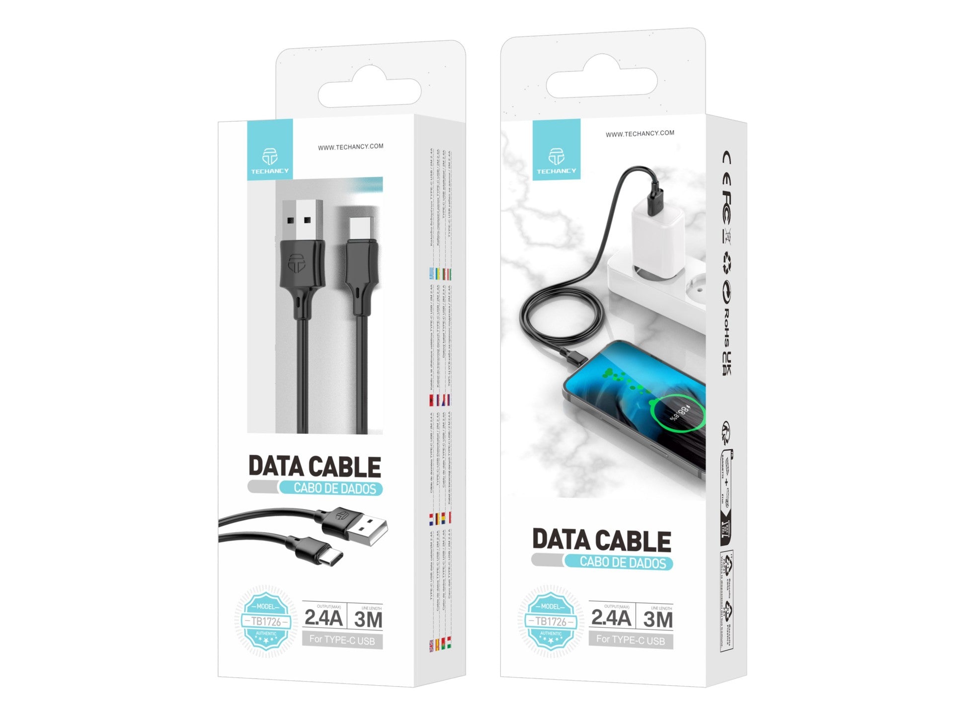 Techancy Cabo De Carregamento 3m Usb- Tipo C Preto TB1726, Carregamento Rápido De 2,4 A, Carregamento De Longo Alcance 3m