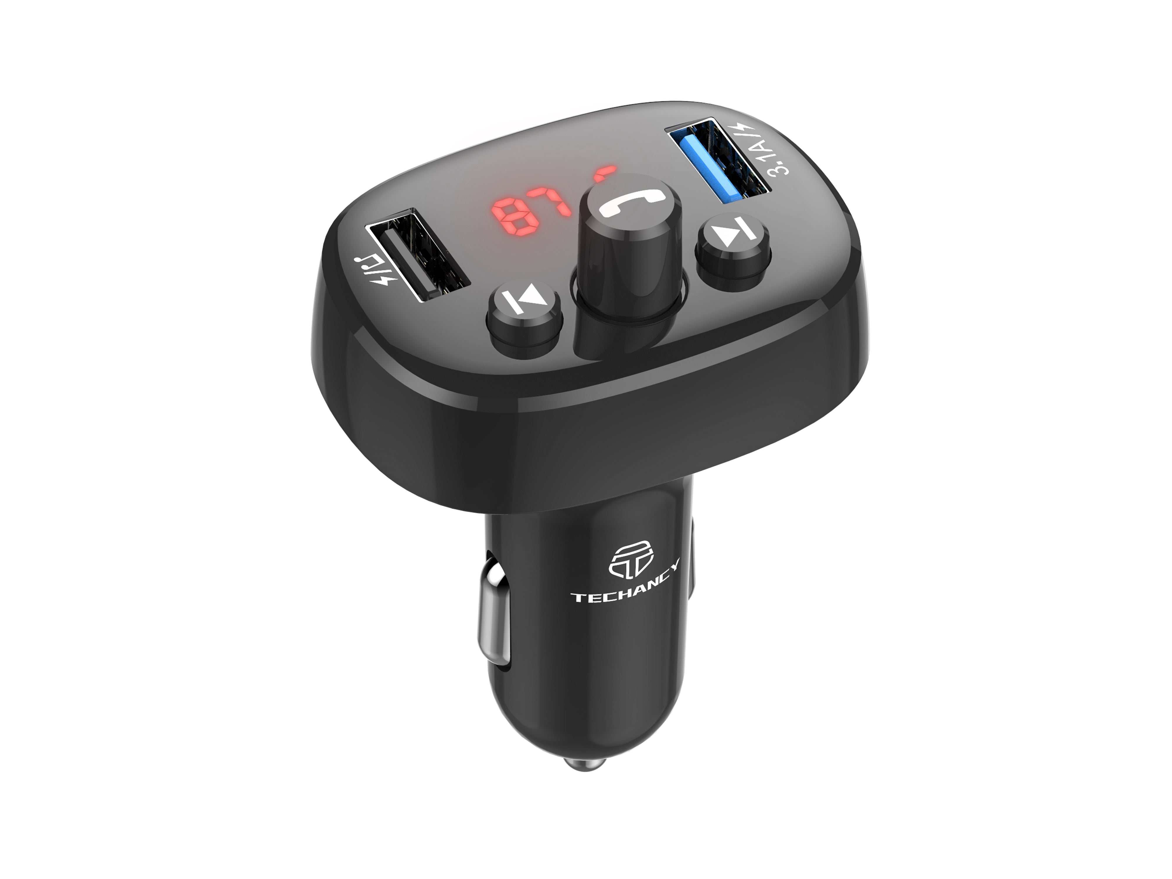Techancy FM Car Transmitter Black TE0864, ??3.1a, 2 USB Ports, MP3 Player, Compatible with 12v-24v Voltage.