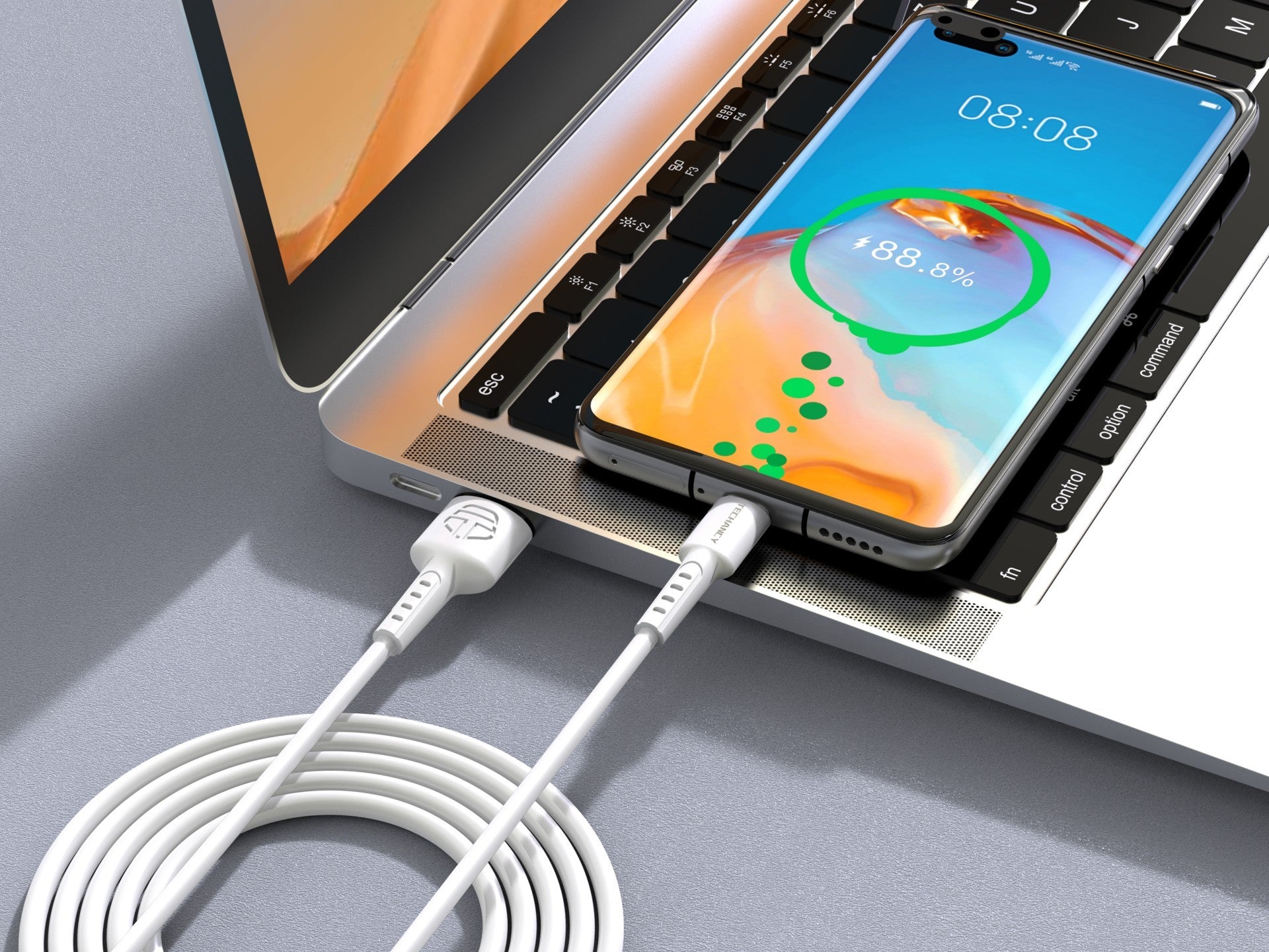 Techancy Cabo De Dados Branco TB1630, Cabo De Carregamento Rápido Usb Para Tipo C, 3 M/2,4 A, Compatível Com Dispositivos Usb-C