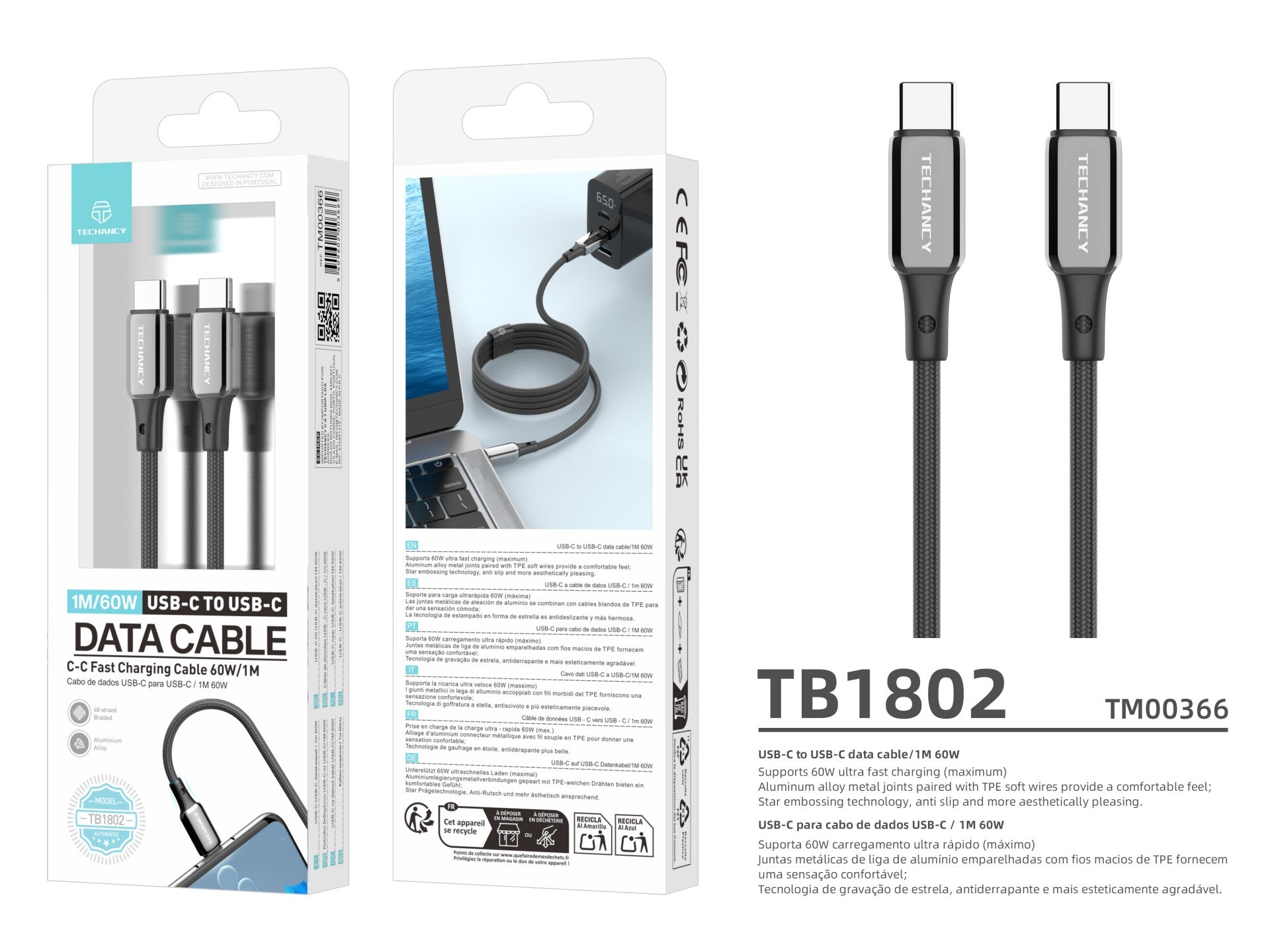 Cable USB-C a USB-C Techancy TB1802, 60 W, 1 m, negro, conector de aluminio, diseño antideslizante, transferencia rápida, resistente