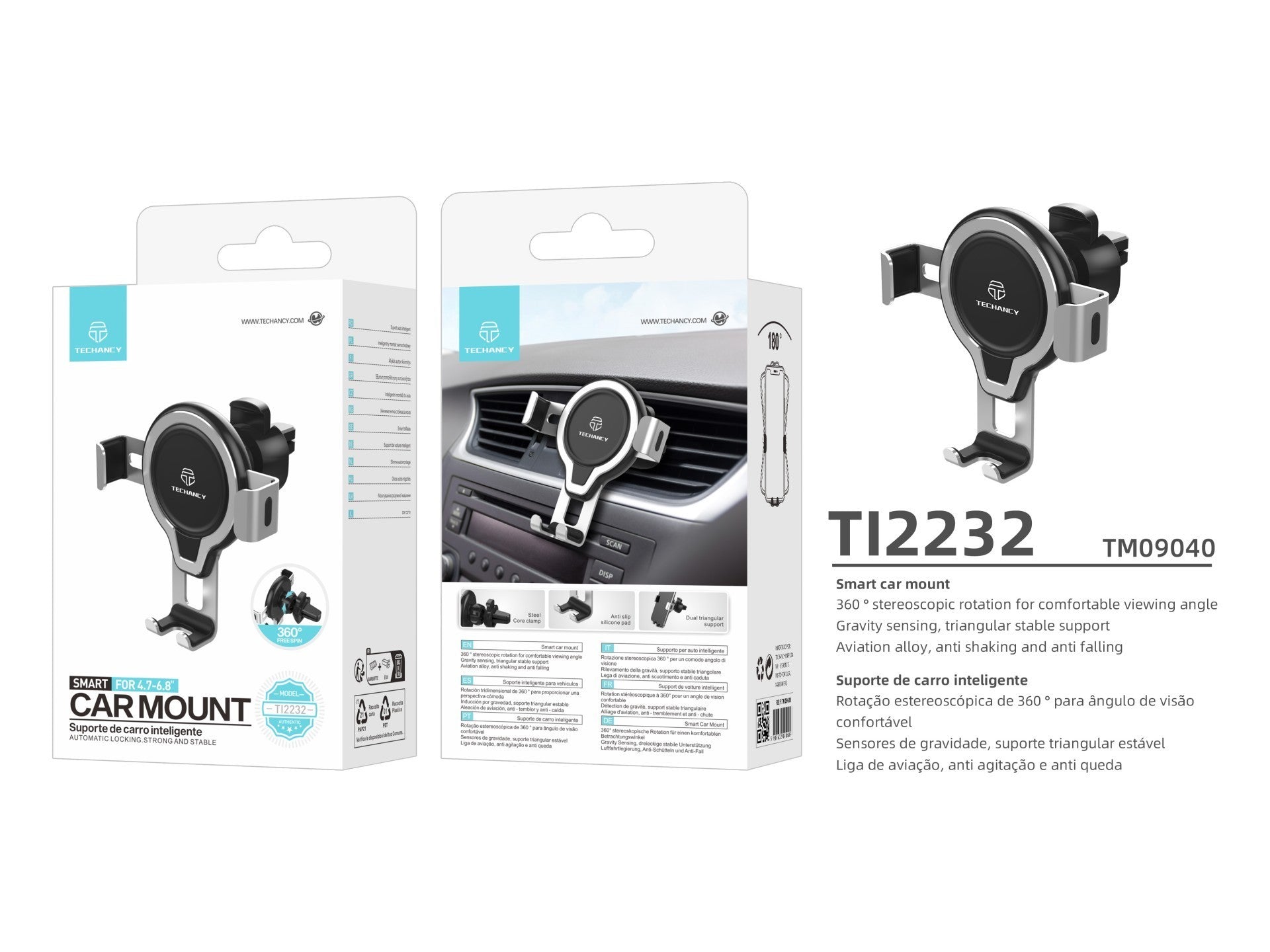 Techancy Suporte de Carro TI2232  , Rotação 360°, Suporte Estável, Compatível com Telemóveis 4.7-6.8