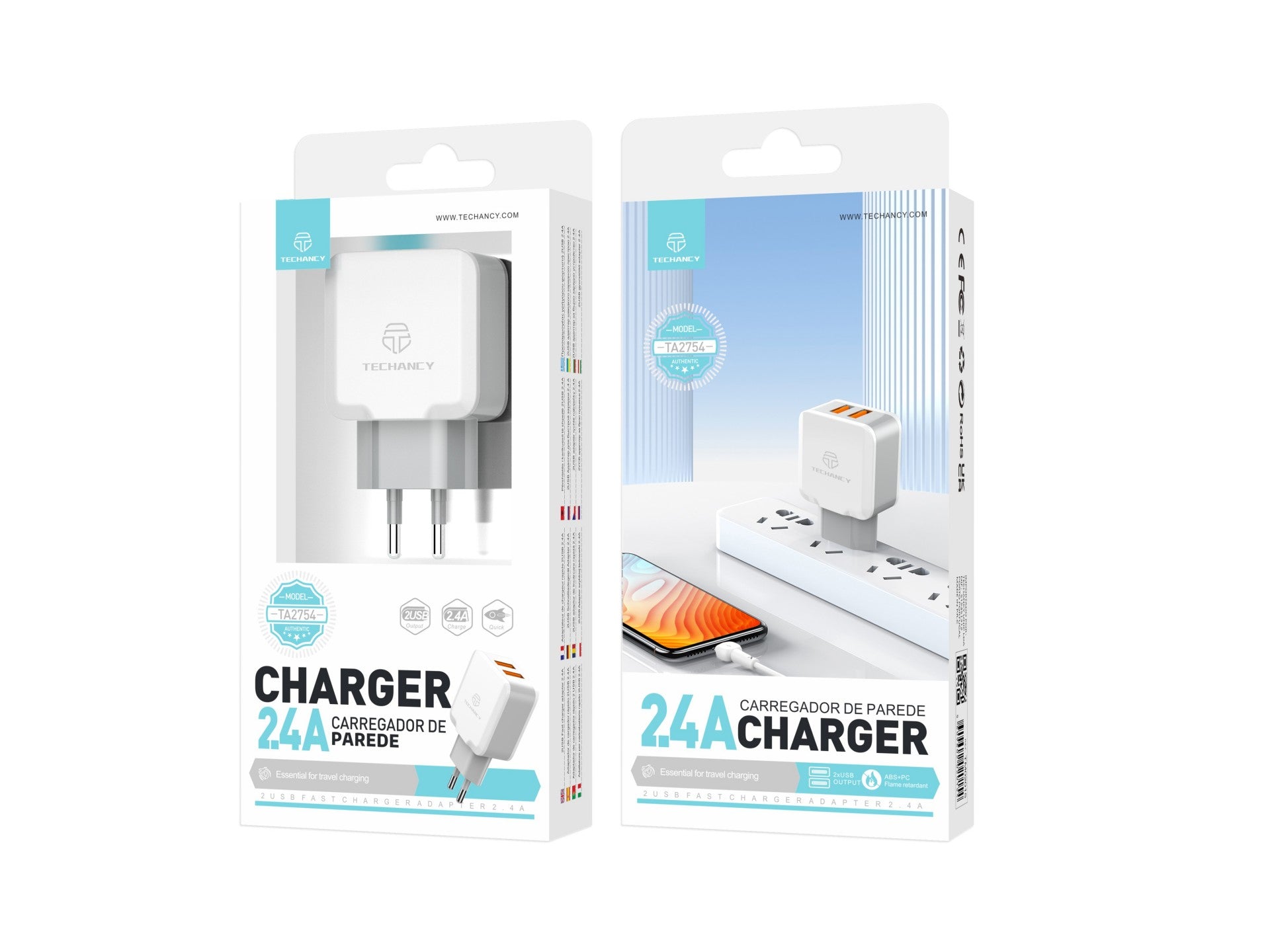 Techancy Carregador De Parede Com Duas Portas Usb 2.4A Branco TA2754 Para Carregamento Rápido De Smartphones E Tablets