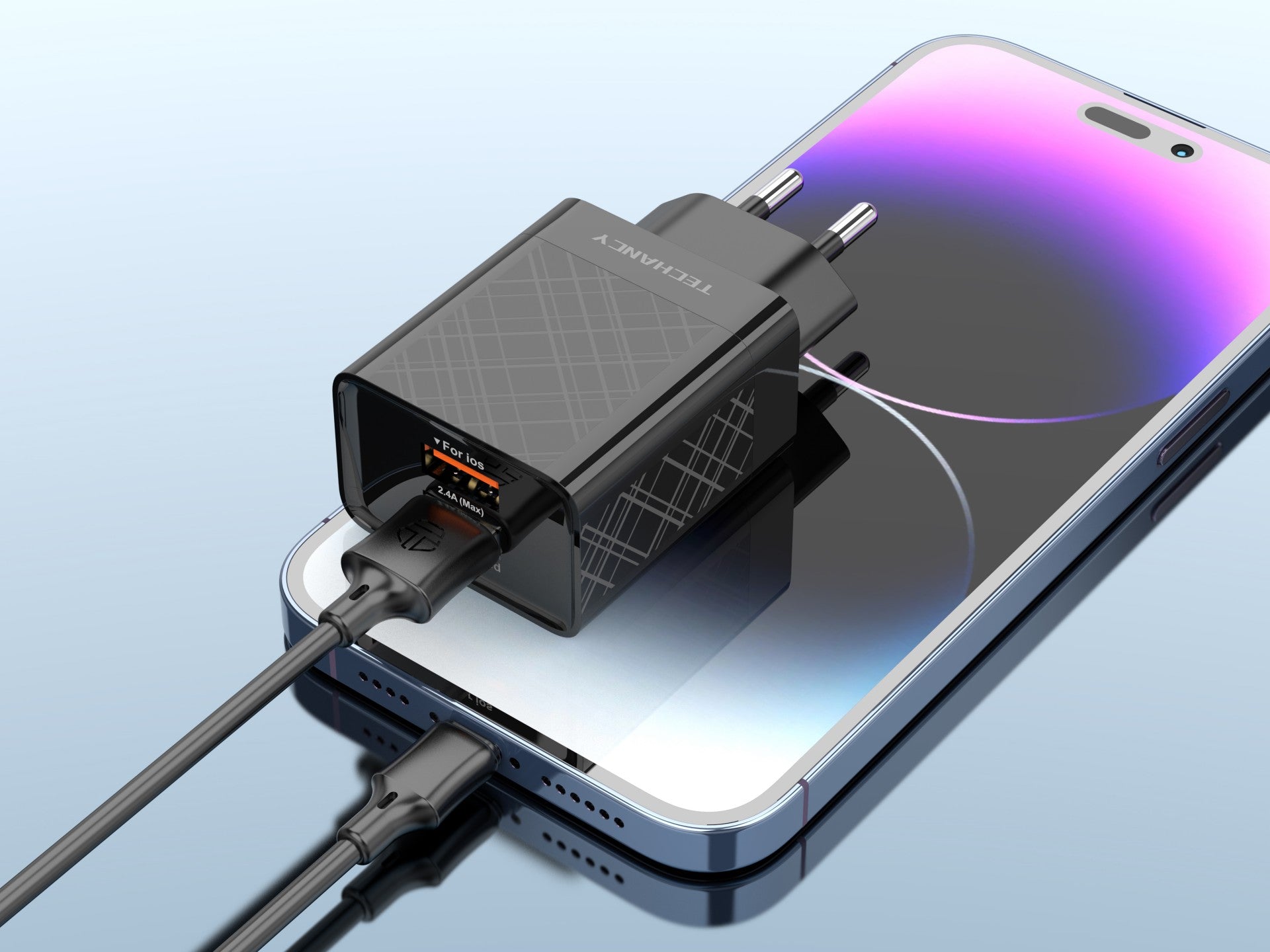 Techancy USB Charger 2.4A Black TA2759, Cable Kit IP7/X/11-14, 1m 2.4A, Built-in Smart Chip.