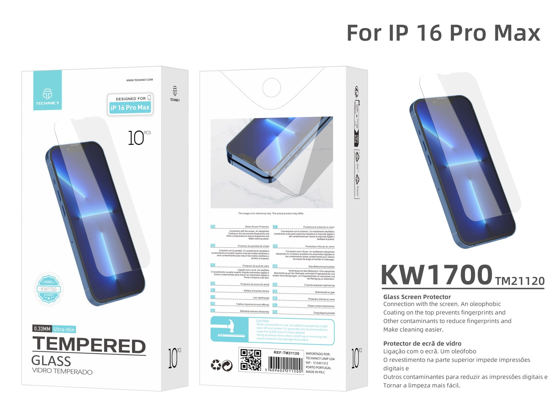 Techancy Película de Vidro Temperado  para iPhone 16 Pro Max KW1700 , 0.33MM, Anti-riscos, Alta Transparência, Fácil Aplicação