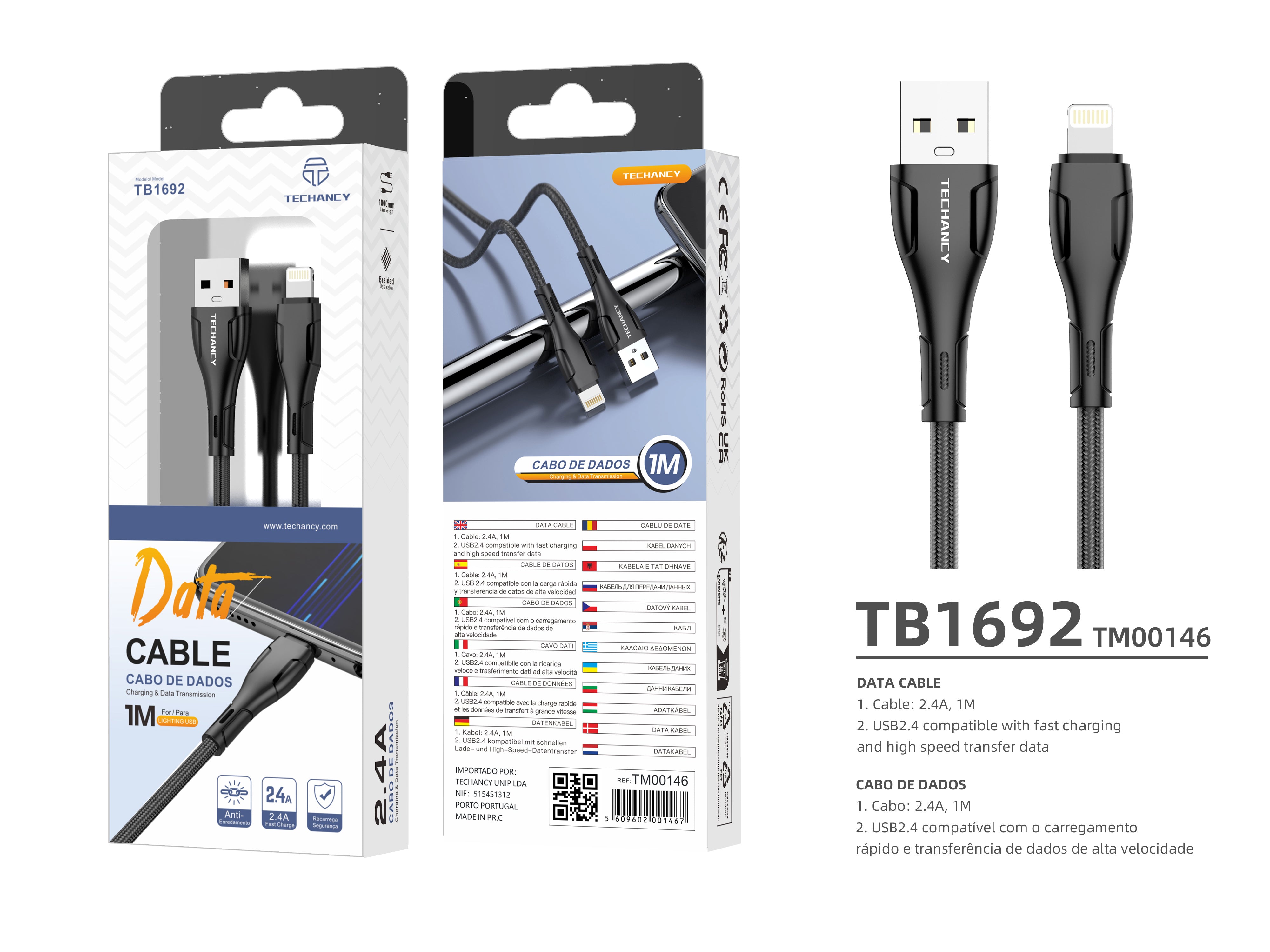 Techancy Cabo De Dados Trançado Usb-Ip8/X/11-14 Preto TB1694, Carregamento De 2,4 A, Transferência De Dados Compatível
