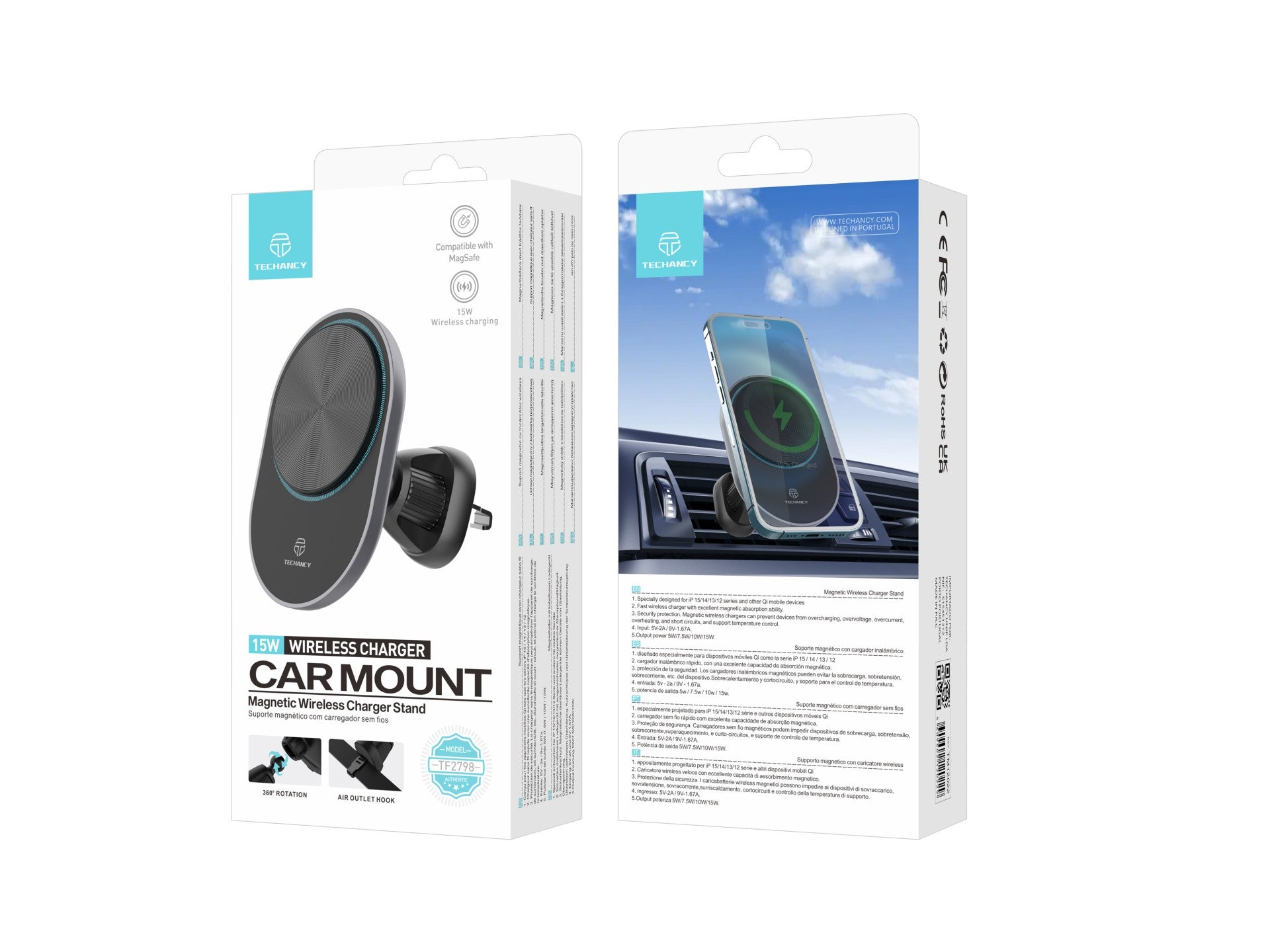 Techancy Magnetic Phone Holder with Wireless Charger TF2798 Black, MagSafe Compatible, 15W Wireless Charging
