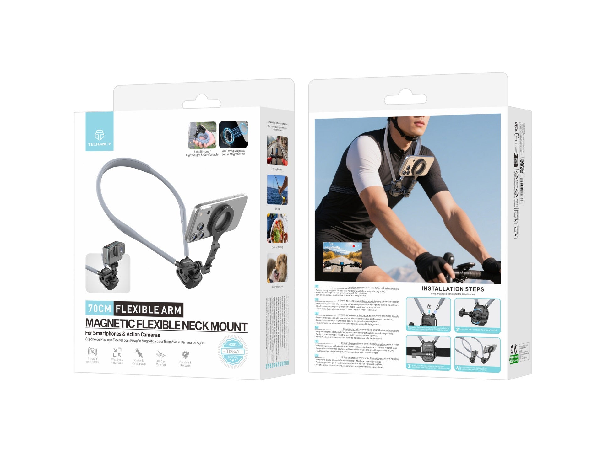 Techancy TI2347 Magnetic Neck Support for Mobile Phone and Camera, 70cm Flexible Arm, Hands-Free, Grey