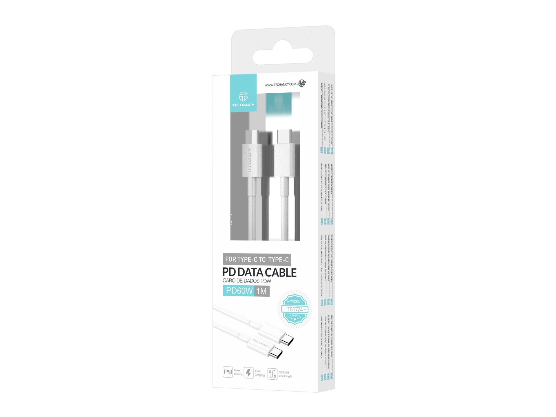 Techancy USB-C to USB-C Fast Charging Cable TB1724, 1 M White, Supports 60 W and PD Fast Charging Data