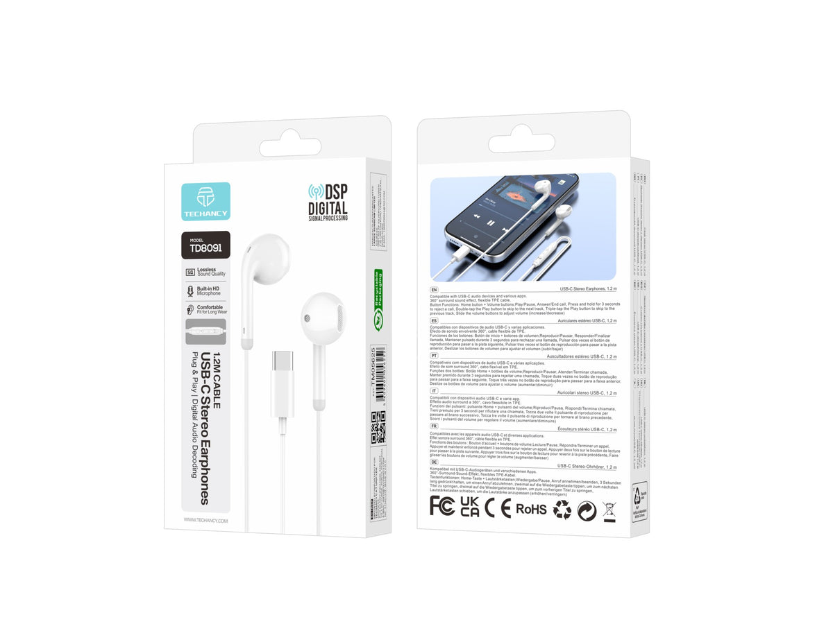 Auriculares USB-C com Fio Techancy TD8091, Som Estereo DSP, Microfone HD, Comandos, Plug and Play, Cabo 1.2m, Branco