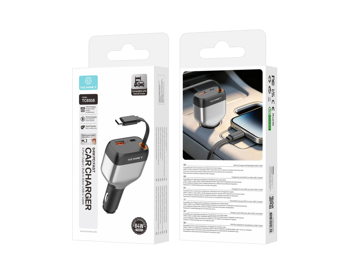 Carregador de Isqueiro para Carro Techancy TC6516, 84W PD, 3 Portas, Cabo USB-C Retratil de 80cm, USB-A, Preto e Prateado