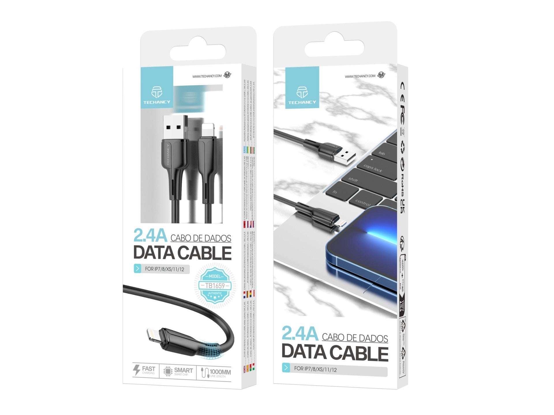Techancy Cabo De Dados Usb-Lightning Preto 1m TB1659, Carregamento Rápido 2.4a, Suporta Transferência De Dados, Material Pvc