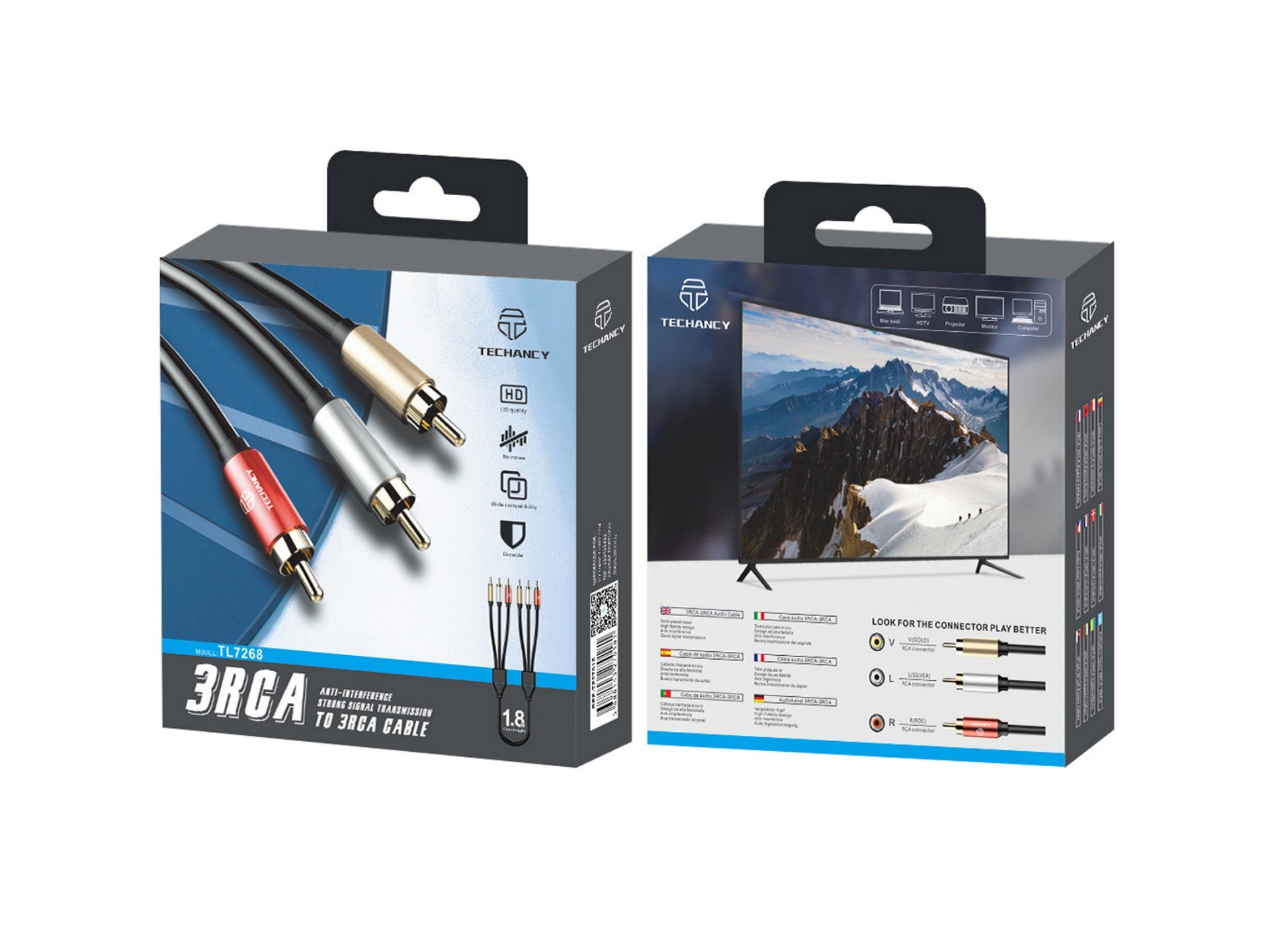 Cabo de áudio Techancy 3RCA para 3RCA 1,8 m, TL7268, preto