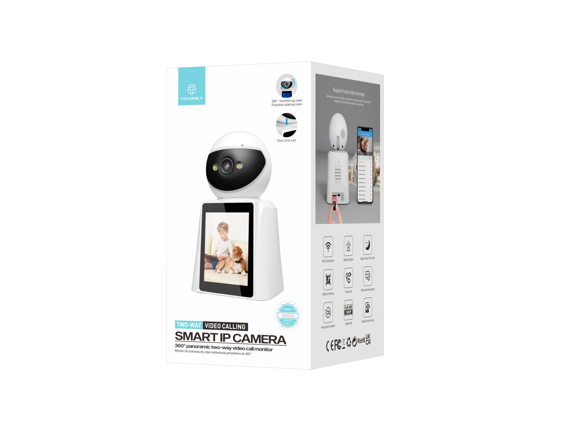 Techancy SH043 Smart Camera with Screen, 1080P, 360 Rotation, Night Vision, Two-Way Voice and Video Calls, WiFi Connection, Human Detection - White