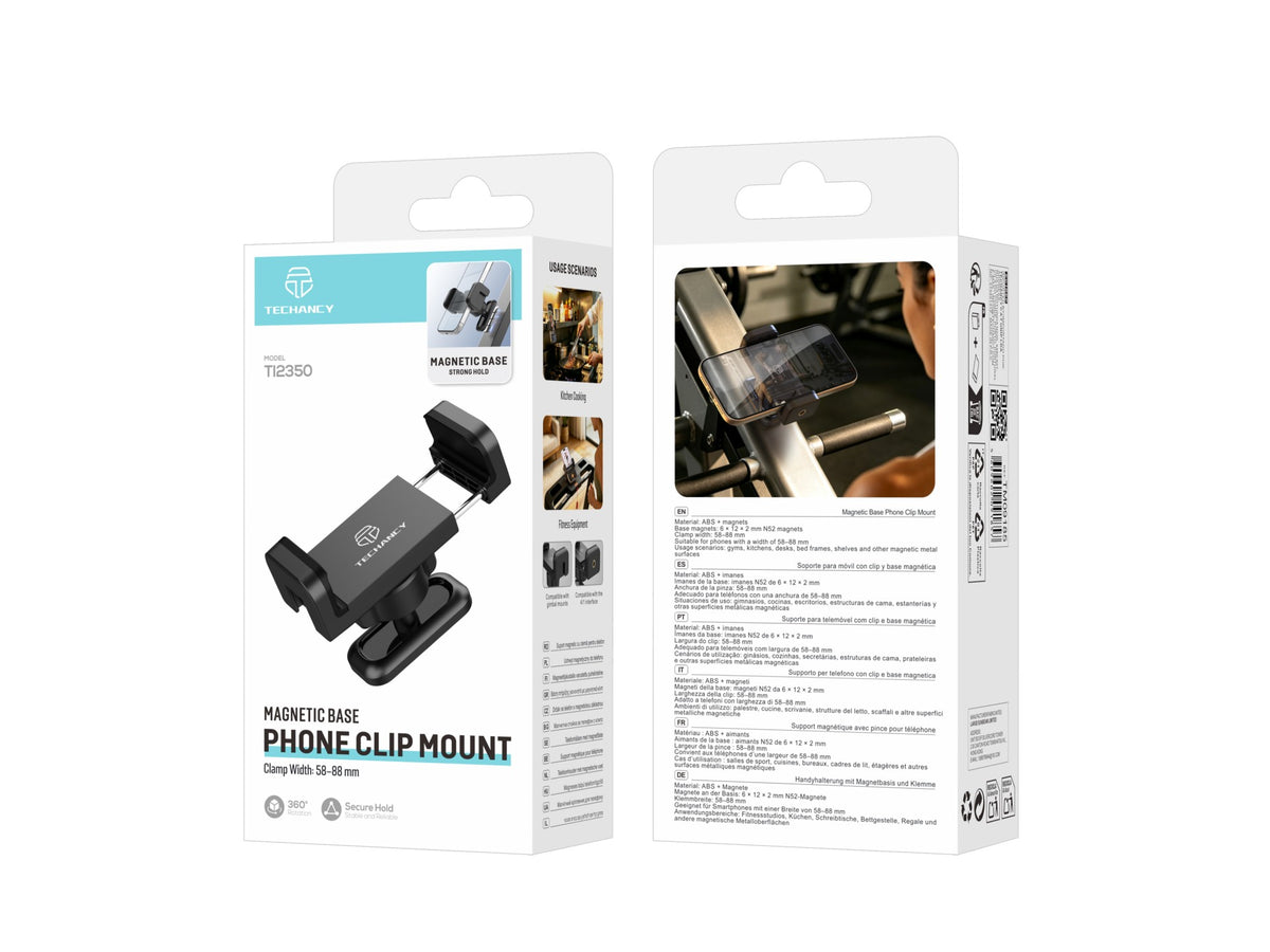 Suporte com Clip para Telemovel Techancy TI2350, 58-88mm, Base Magnetica N52, Rotacao 360 Graus, Multiusos, Preto