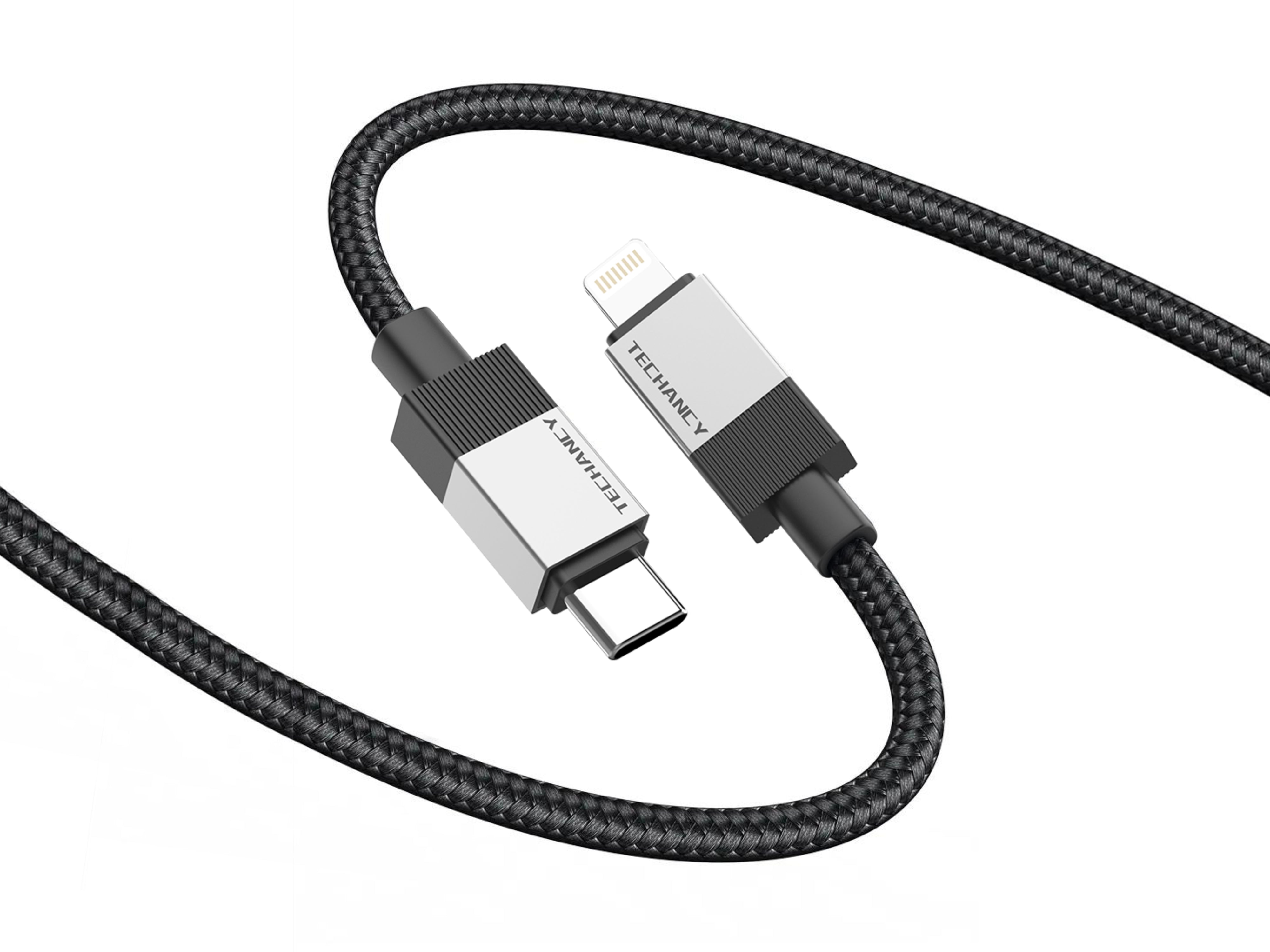 Techancy Cabo de Dados PD TB1800, 27W, 1m Preto, USB-C para Lightning, Conector de Liga de AlumInio, CompatIvel com iPhone 11-14