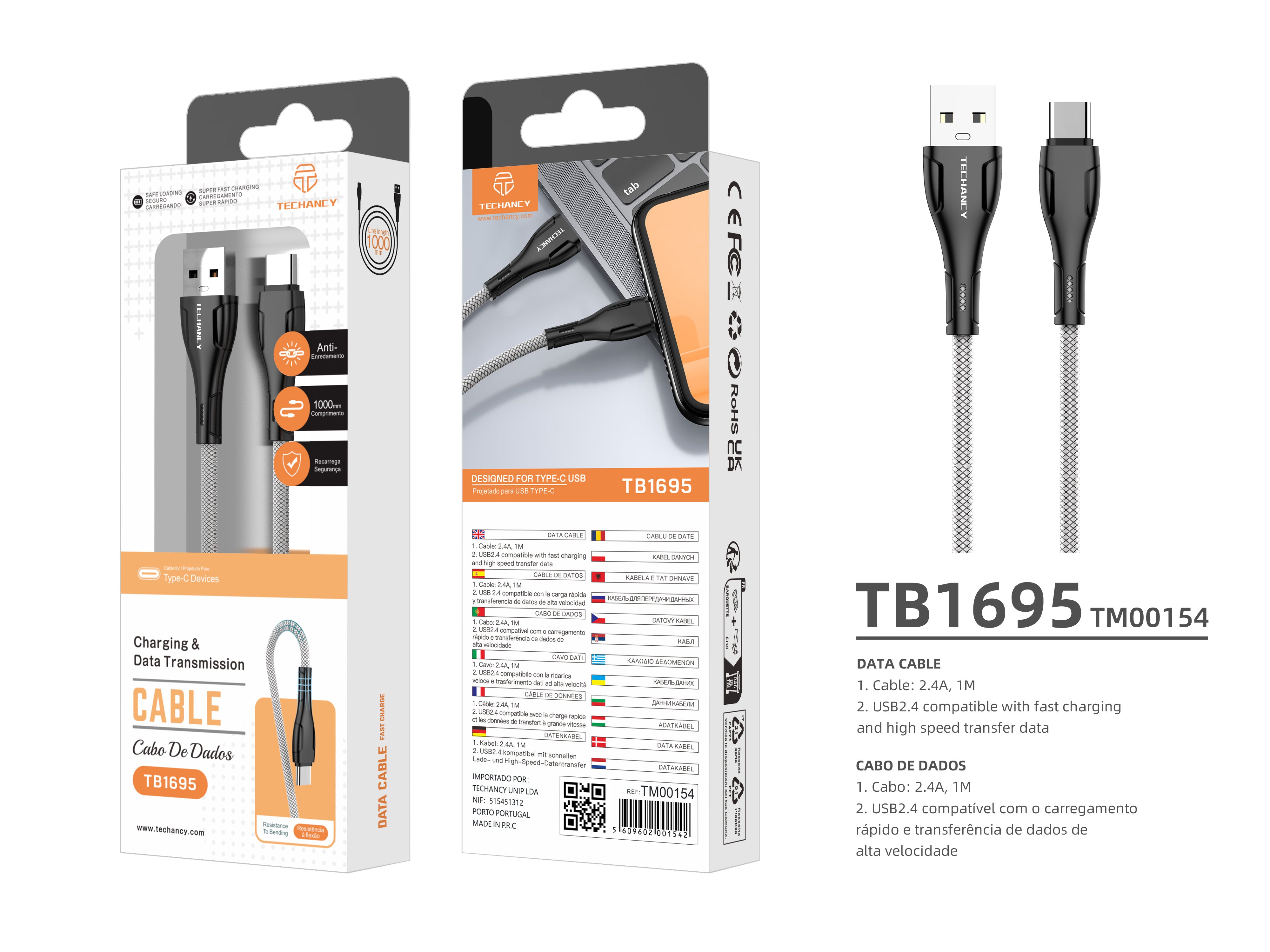 Techancy Cabo De Dados Usb-Tipo-C Preto TB1695, Carregamento De 2,4 A, Transferência De Dados Compatível