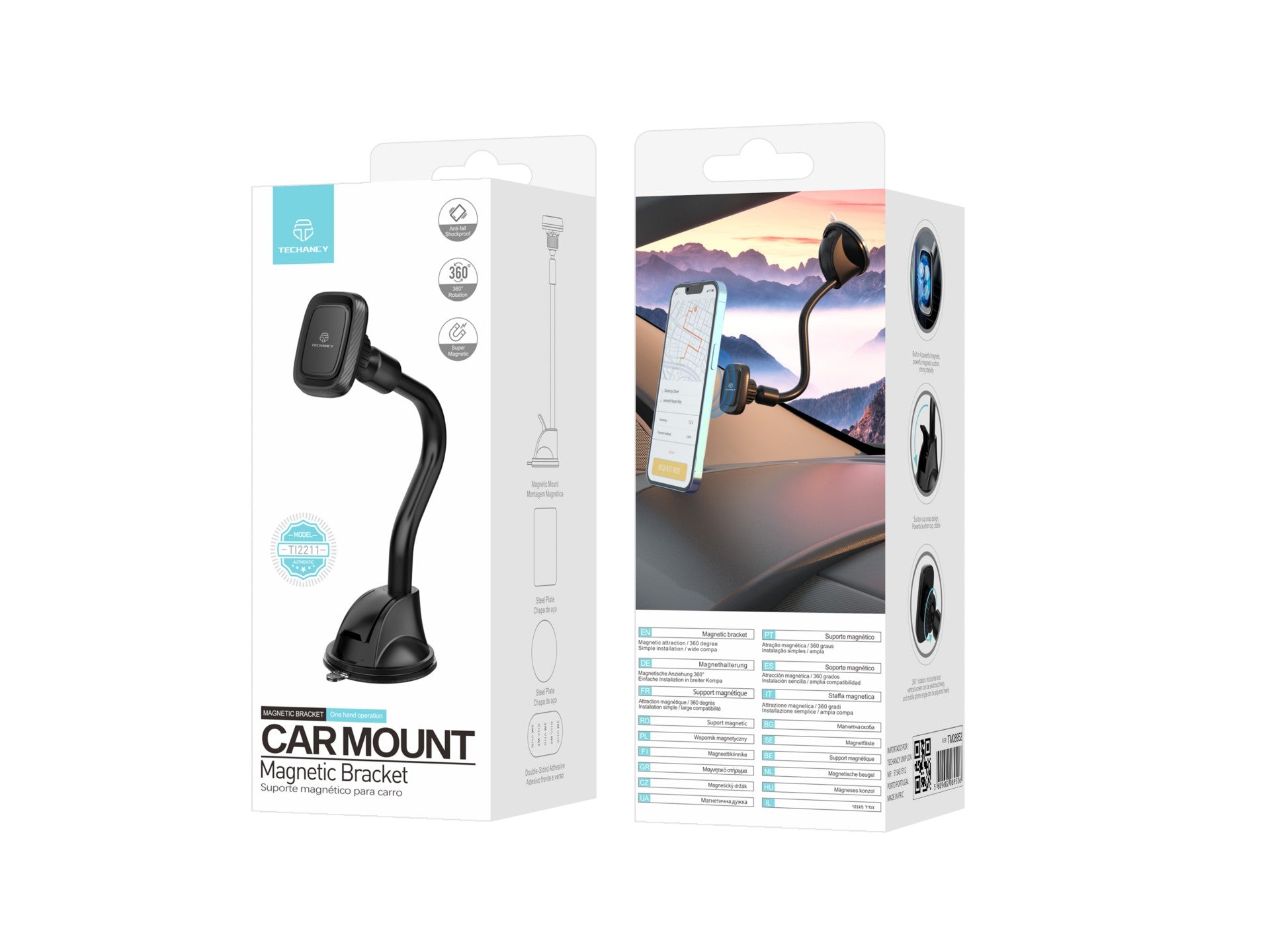 Techancy Suporte Magnético Para Telemóvel Car Preto Ti2211, Forte Adsorção Magnética, Rotação De 360 Graus. Fácil De Instalar.