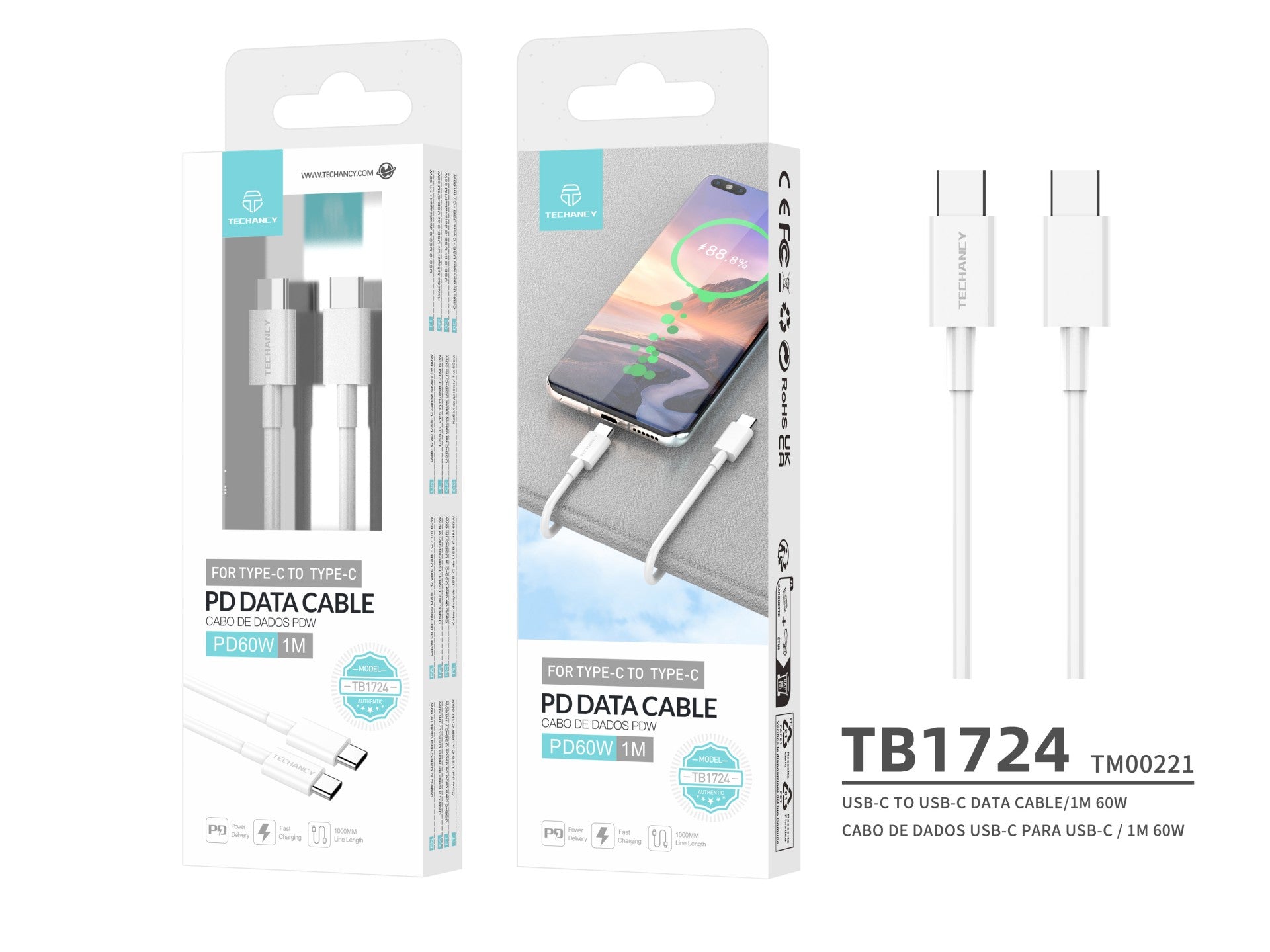 Techancy USB-C to USB-C Fast Charging Cable TB1724, 1 M White, Supports 60 W and PD Fast Charging Data