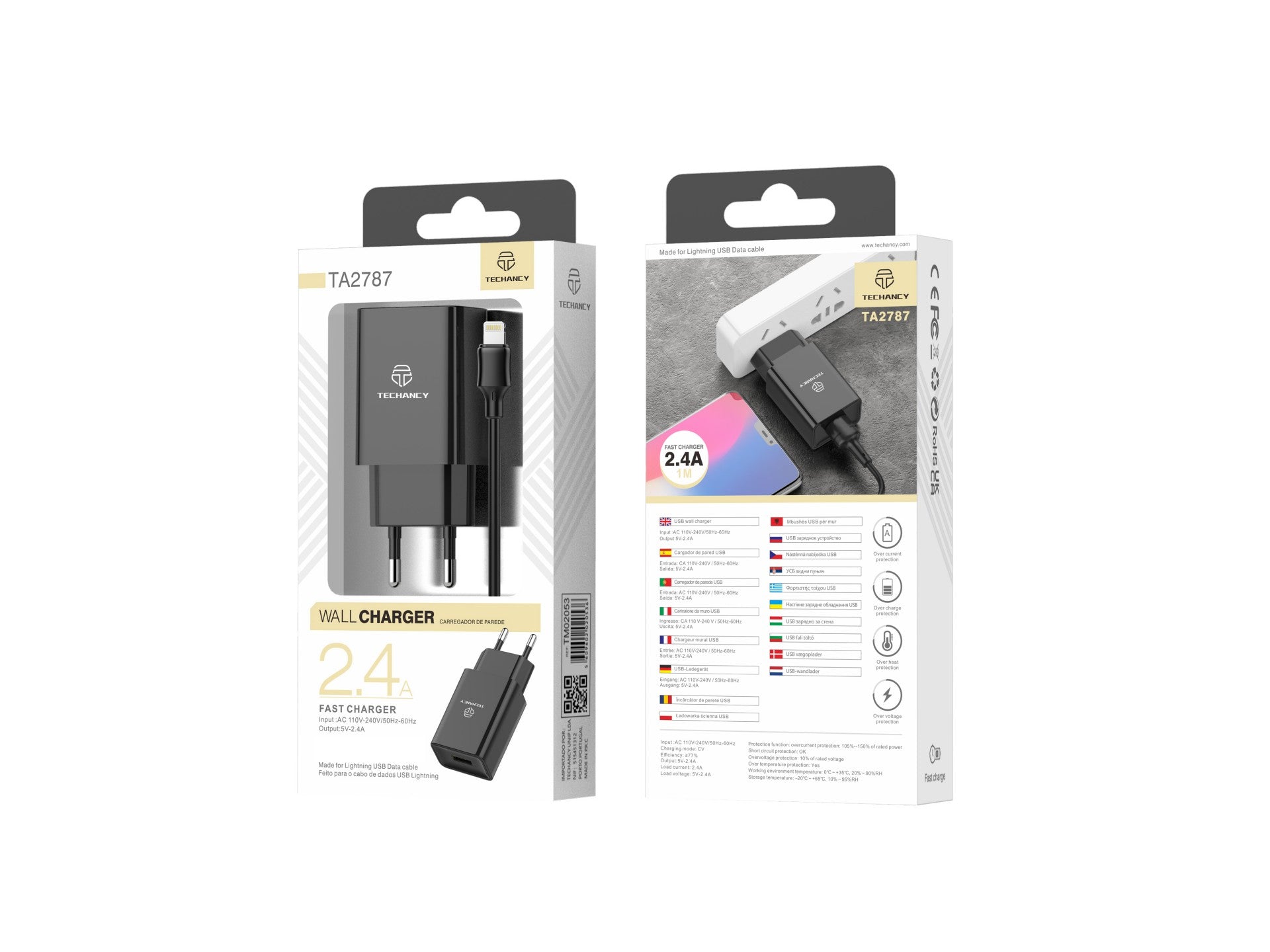Techancy Black Mobile Phone Charger TA2787, USB Output 5V-2.4A Charging, USB Cable Charger Set - IP 1m