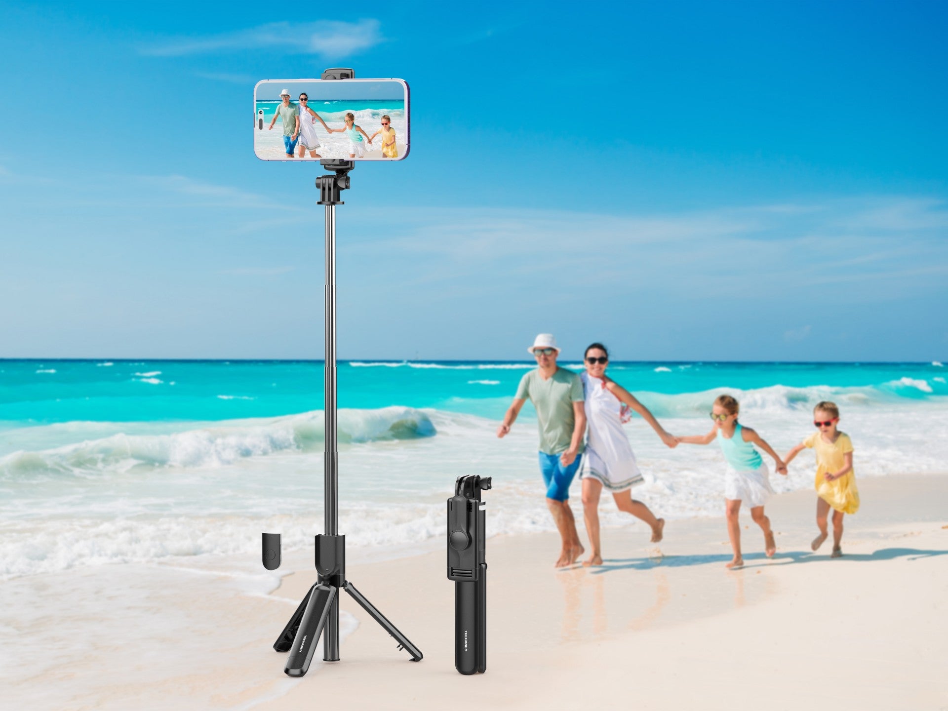 Techancy Bastão De Selfie Multifuncional TR6414, Controlo Sem Fios, 68cm Retrátil, Compacto E Fácil De Transportar,