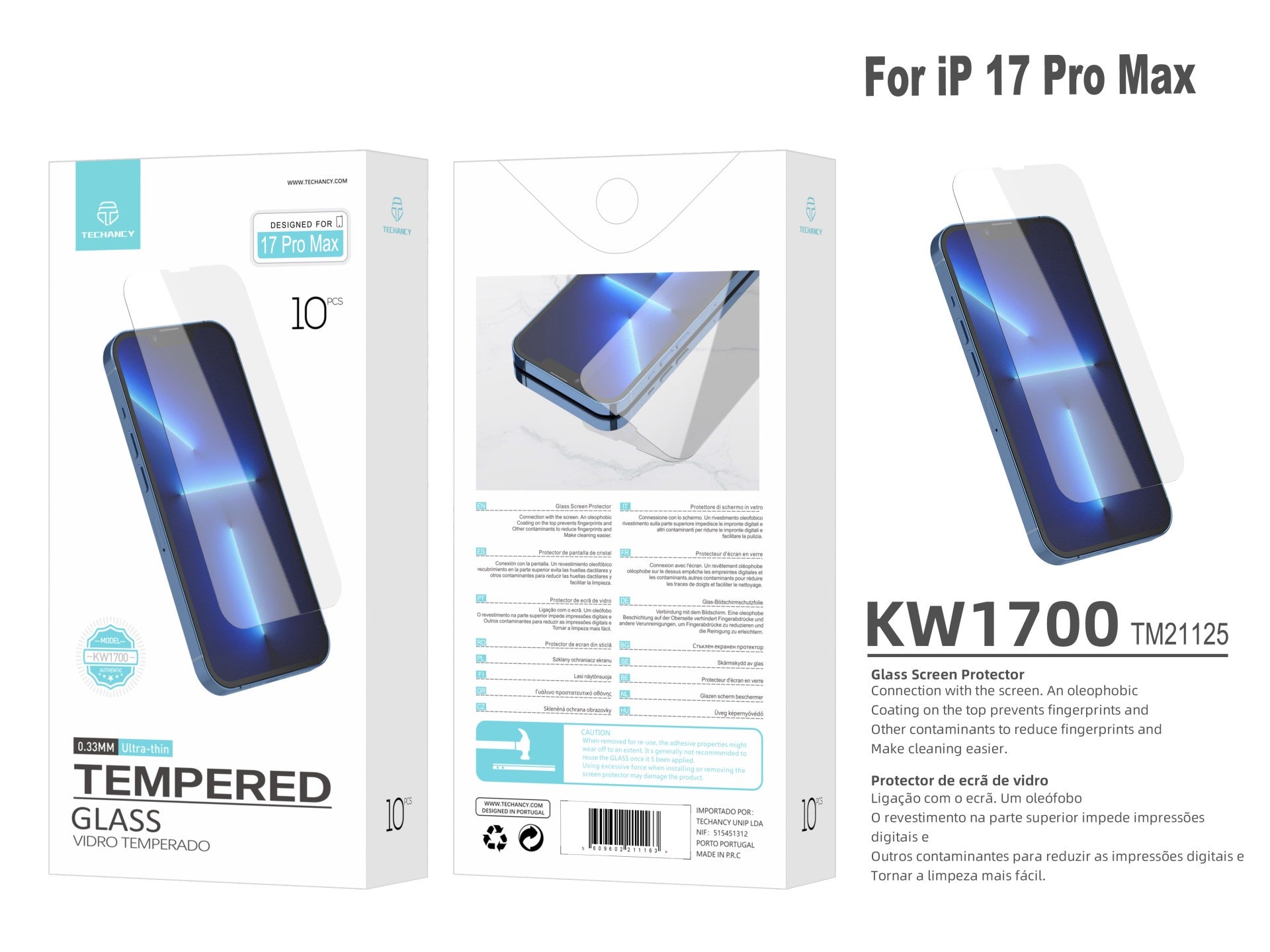 Protector de pantalla de vidrio templado Techancy para iPhone 17 Pro Max KW1700, 0,33 mm, ultrafino, antihuellas, antiarañazos, HD transparente