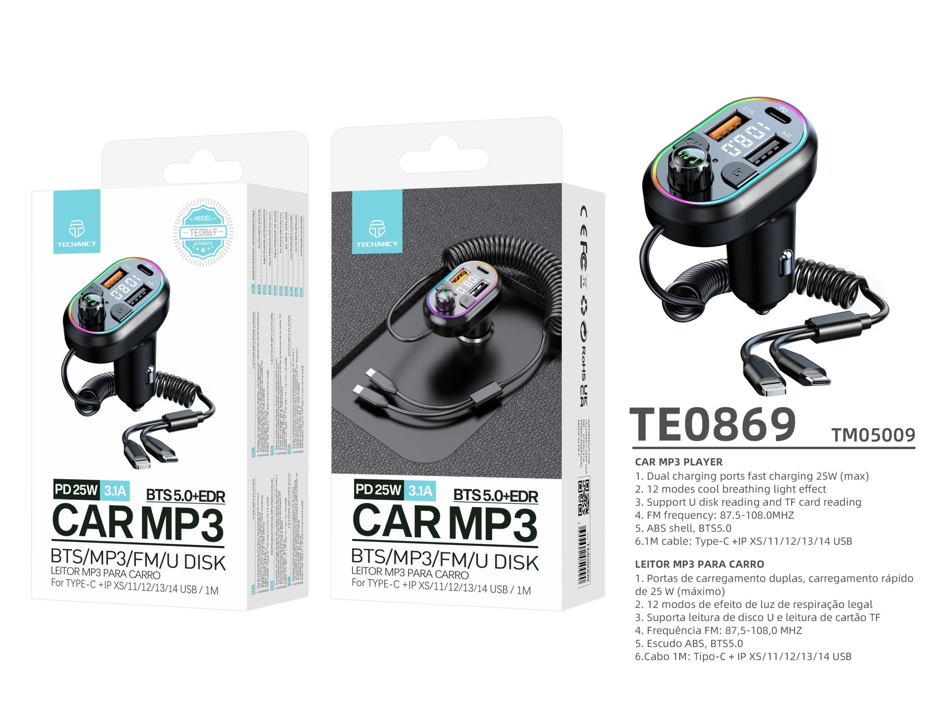 Techancy TE0869 Car MP3 Player, 2-in-1 Cable, PD25W Fast Charging, Cold Light Effect
