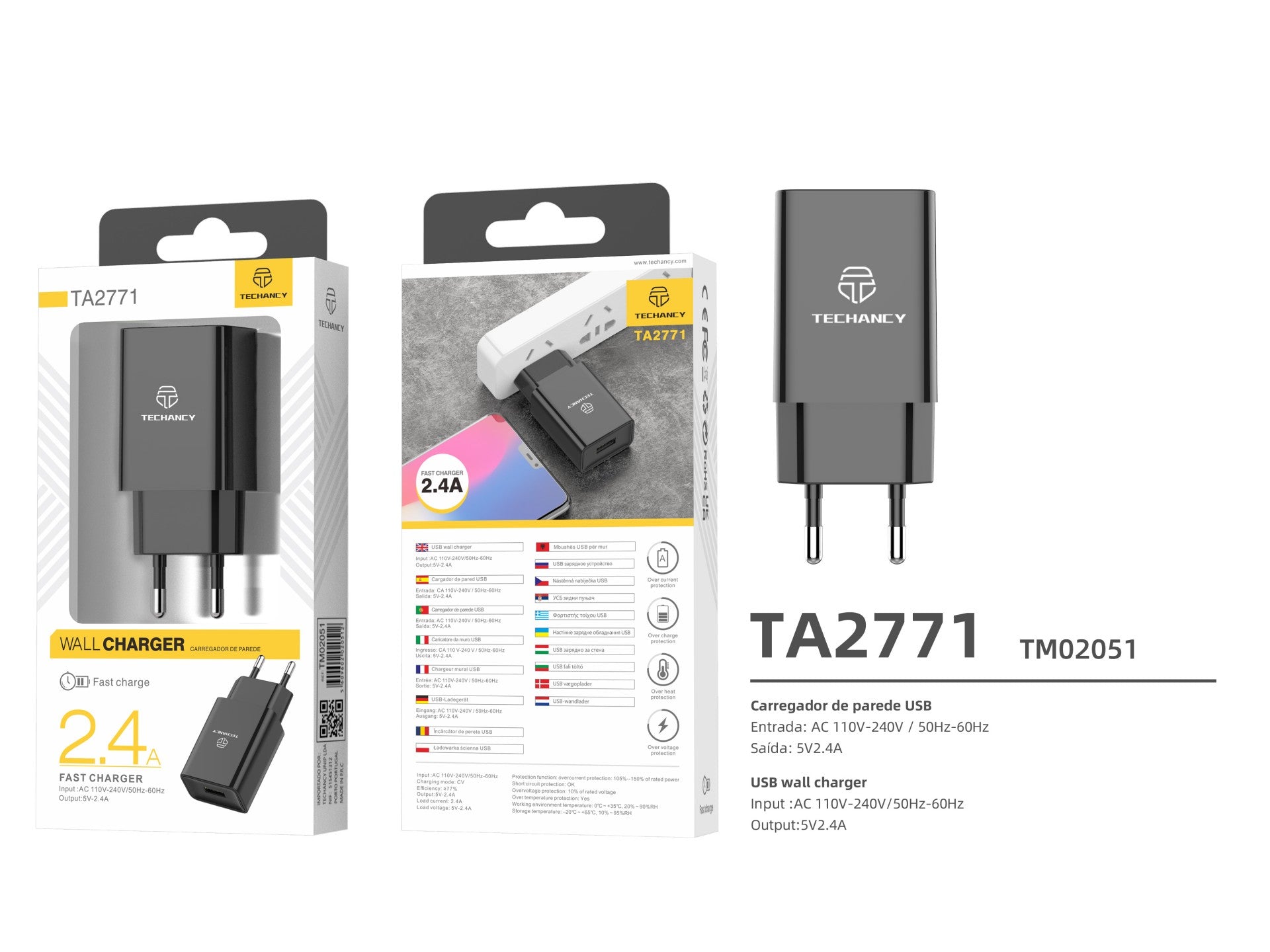 Techancy Black Mobile Phone Charger TA2771, USB Output 5V-2.4A Charging, Compatible with Samsung, Huawei, Apple, etc.