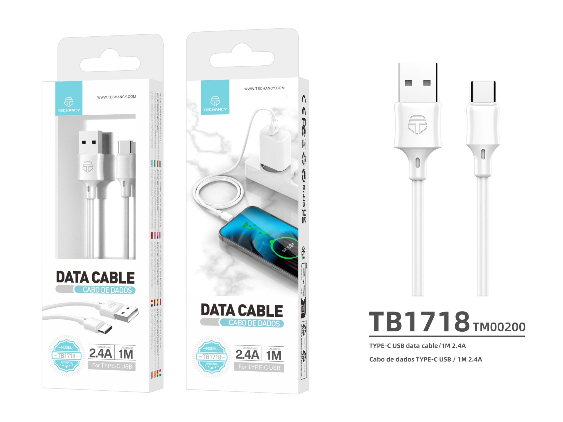 Techancy Cabo De Dados Usb-Tipo C 1M Branco TB1725, Carregamento De 2,4 A, Compatível Com Telemóveis Tipo C