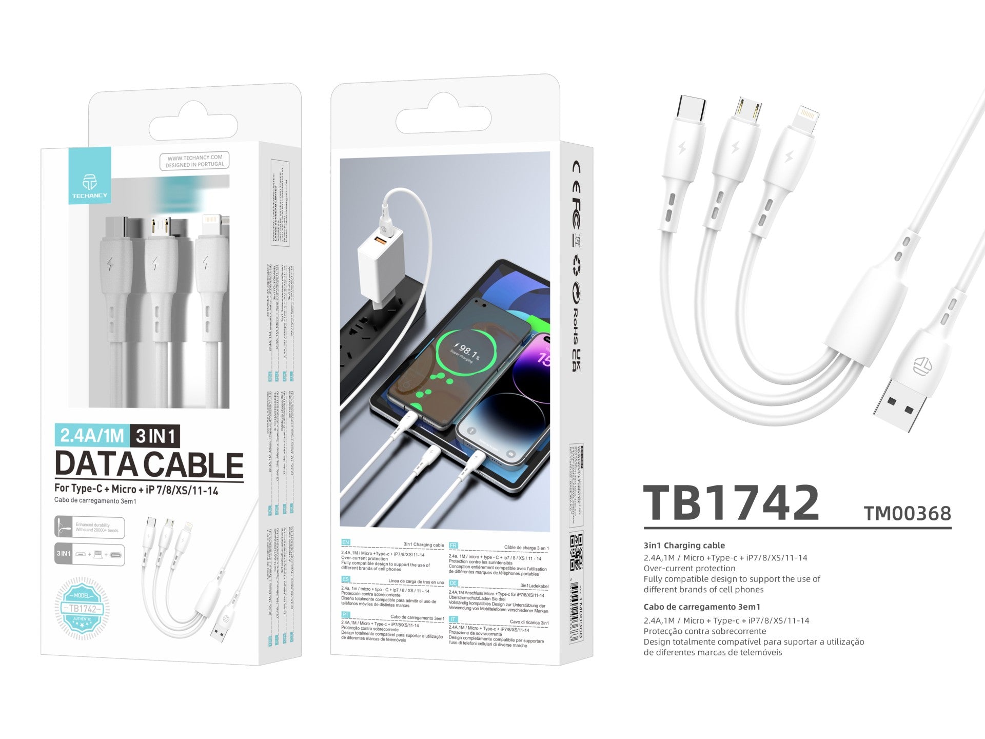 Cable 3 en 1 Techancy TB1742, 2,4 A, 1 m, blanco, USB-C/Micro/Lightning, compatible con varios dispositivos, diseño resistente