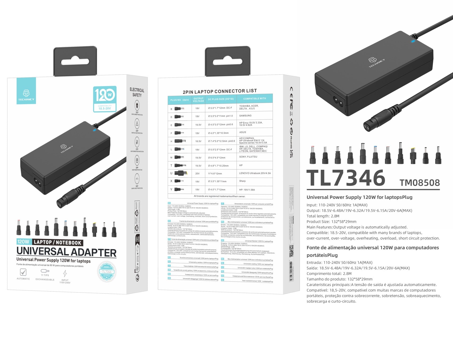 Techancy  Adaptador de energia universal TL7344 para laptops, com potência de 120W, 11 conectores e proteções contra sobrecorrente e sobretensão