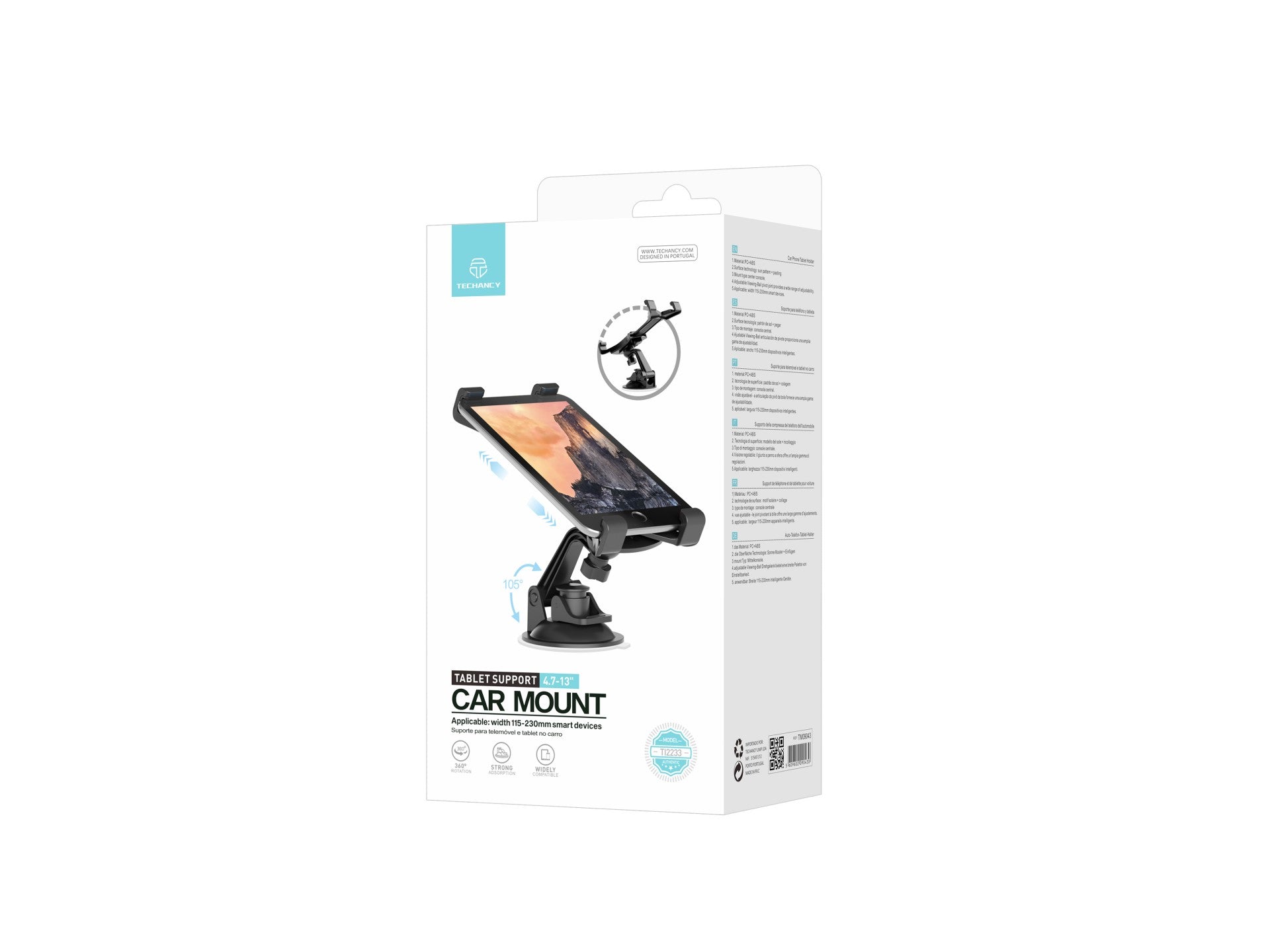 Techancy Suporte para Telemóvel e Tablet 4.7-13" TI2233 Preto, Rotação 360°, Ventosa Ajustável, Material PC+ABS