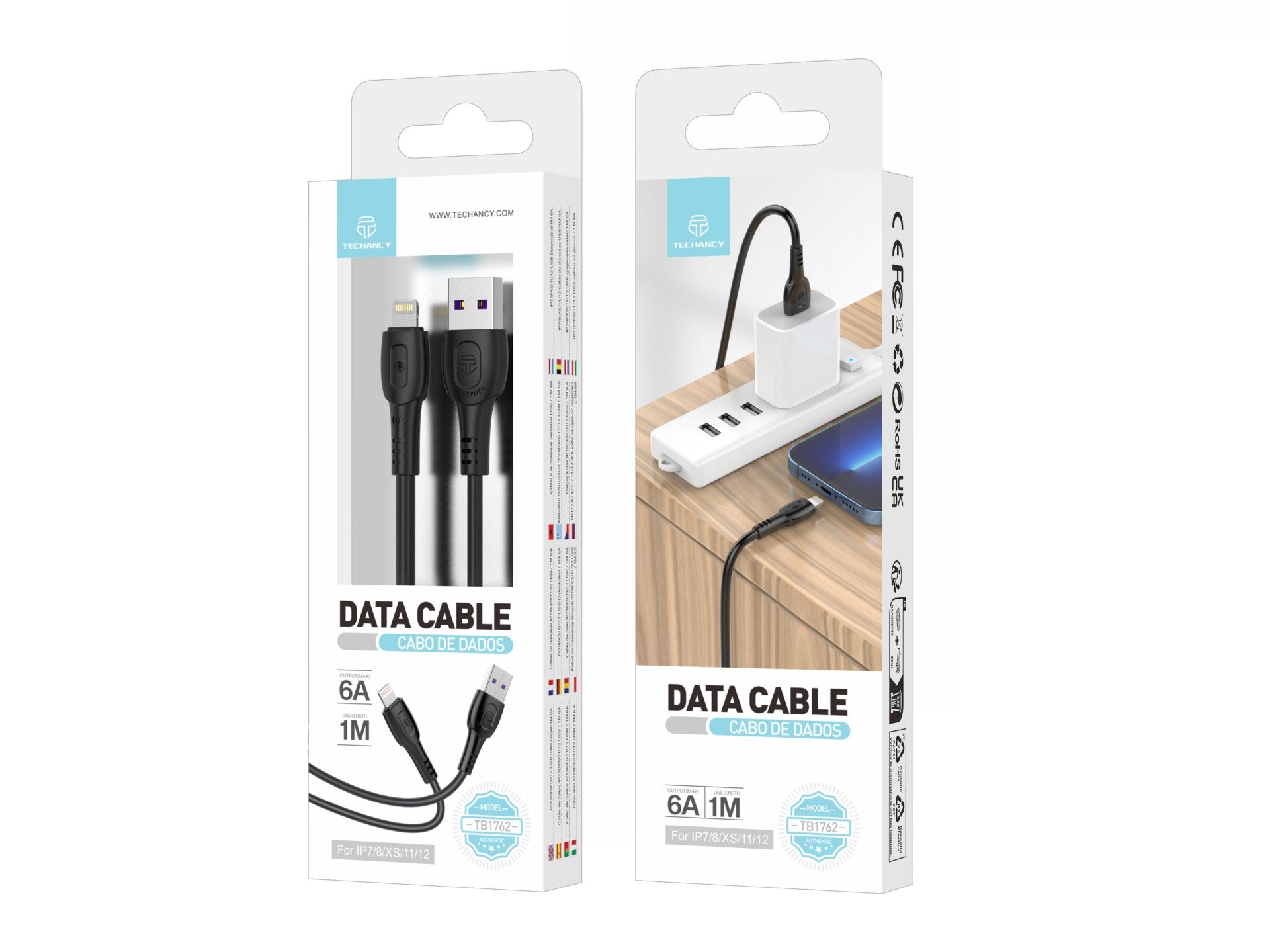 Cable de datos de carga superrápida Techancy 6A, negro TB1762, puerto USB-Tip8/X/11-14, 1 m de longitud, carga rápida