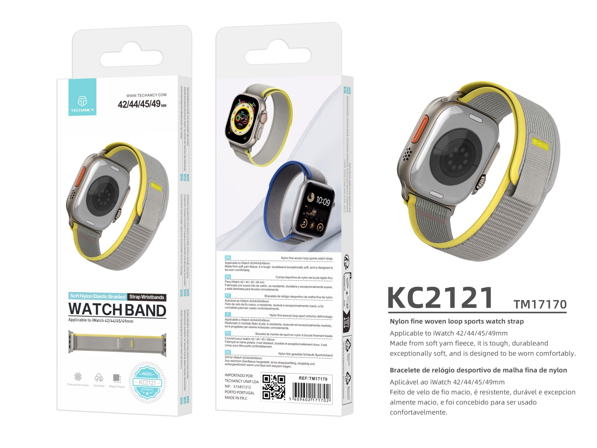 Techancy Faixa Desportiva Branca KC2121, Compatível Com Apple Watch Ultra 42 Mm/44 Mm/45 Mm/49 Mm, Nylon E Velcro, Fecho Ajustável.