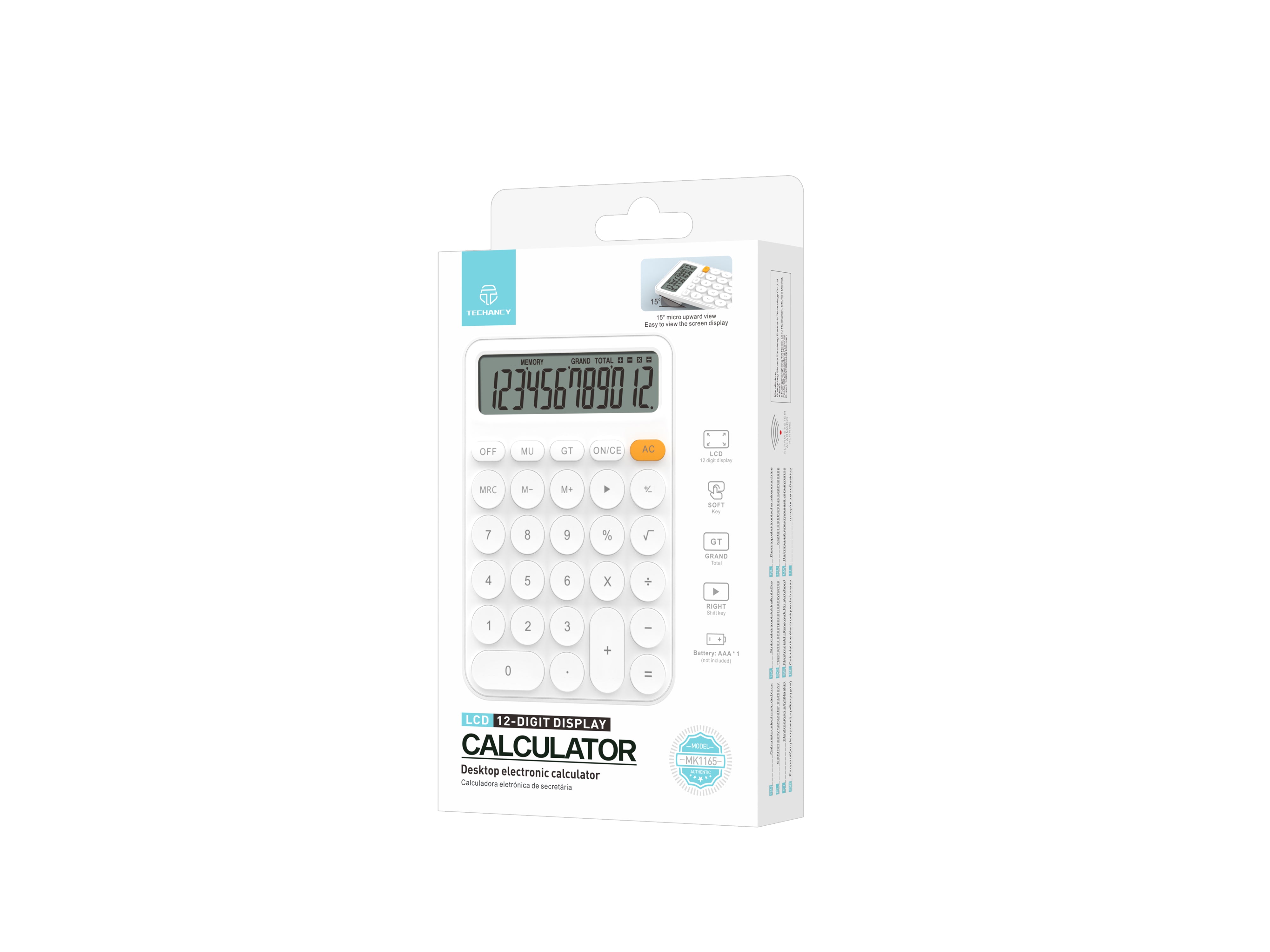Calculadora de escritorio Techancy MK1165 LCD de 12 dígitos con funciones MRC GT MU y tecla CE transparente, color blanco