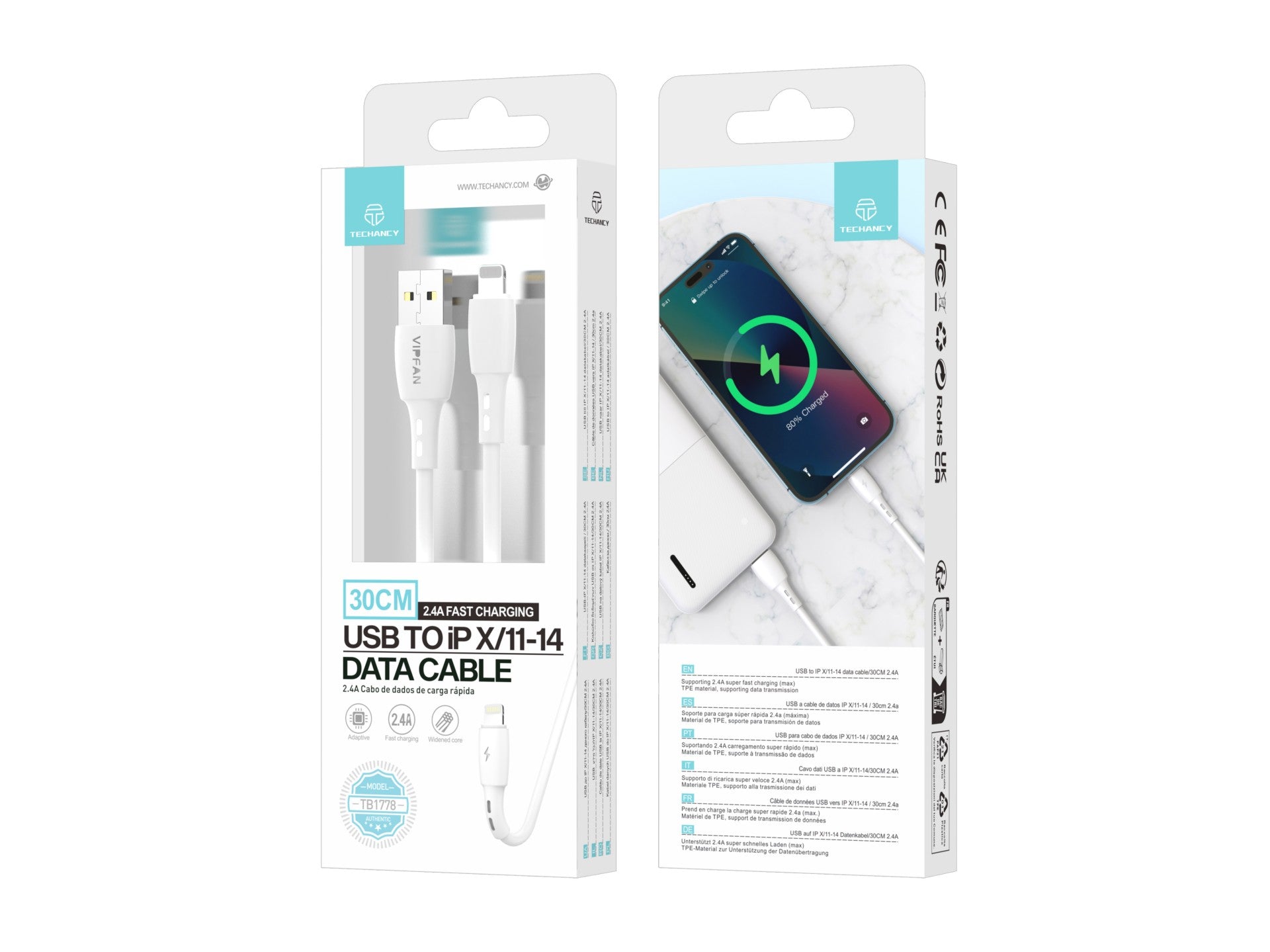 Techancy Cabo De Dados Usb-Lightning Branco TB1778, Carregamento 2,4A, 30cm Adequado Para Utilização Com Power Bank