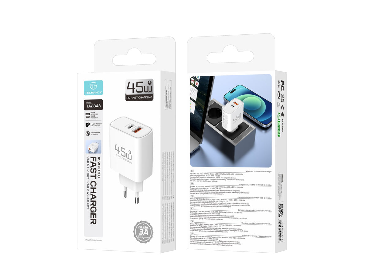 Carregador USB-C 45W TECHANCY TM02127, Carregamento Rapido PD 3.0 PPS, USB-A QC 3.0, 2 Portas, Ficha Europeia, Branco