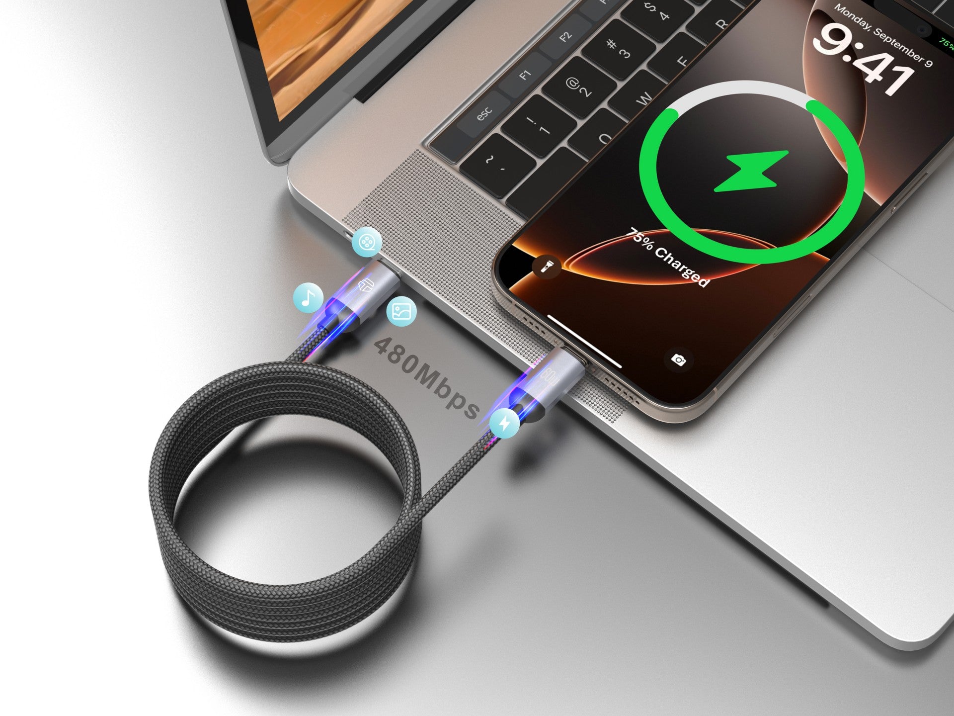 Techancy Cabo magnetico TB1802 USB-C para USB-C 1M 60W PD suporta carga 30W e transmissao de dados 480Mbps Preto