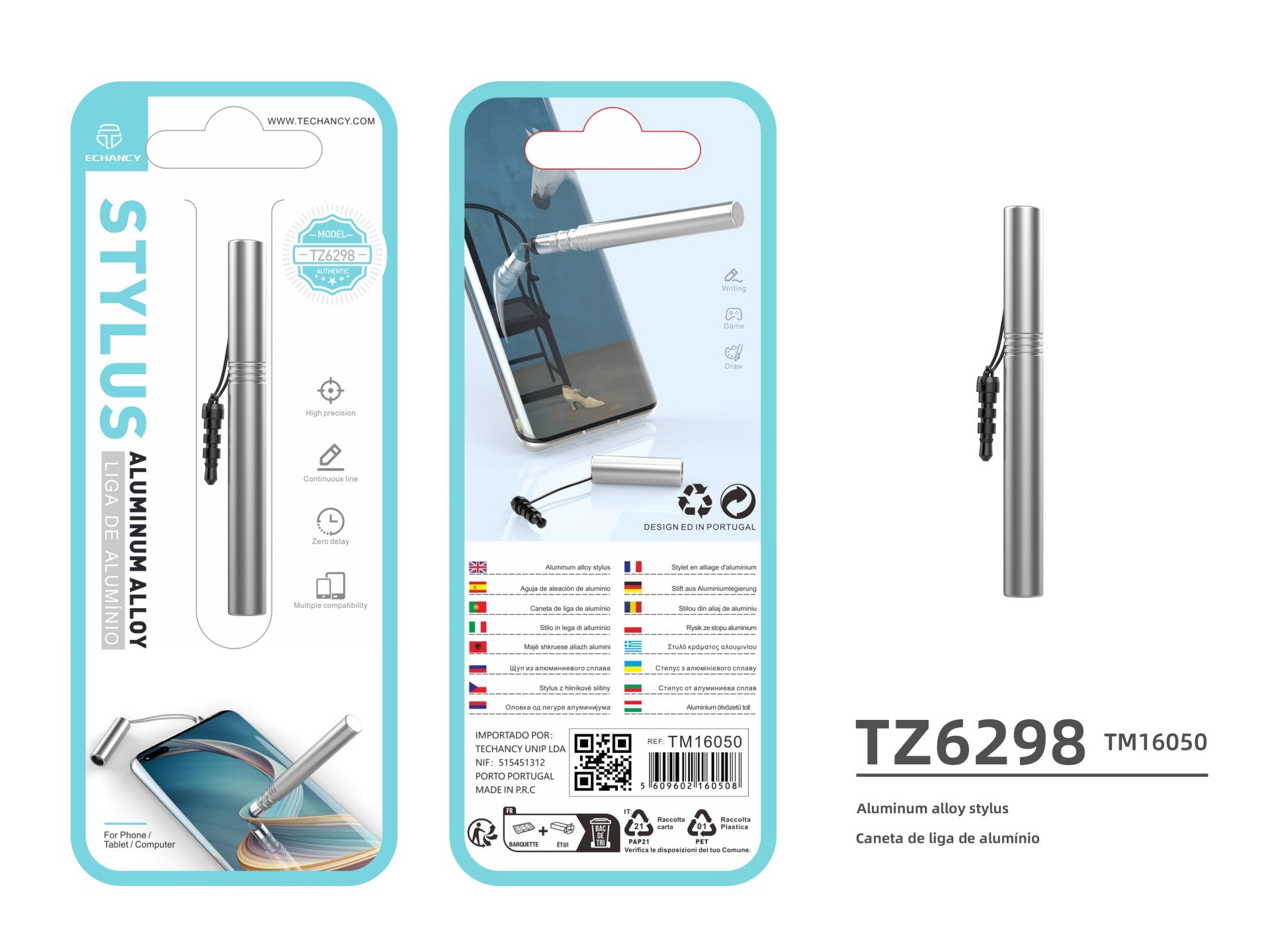 Techancy Mini Stylus Silver TZ6297, sensibilidad precisa para teléfonos celulares y tabletas, con conector para auriculares para fácil almacenamiento.