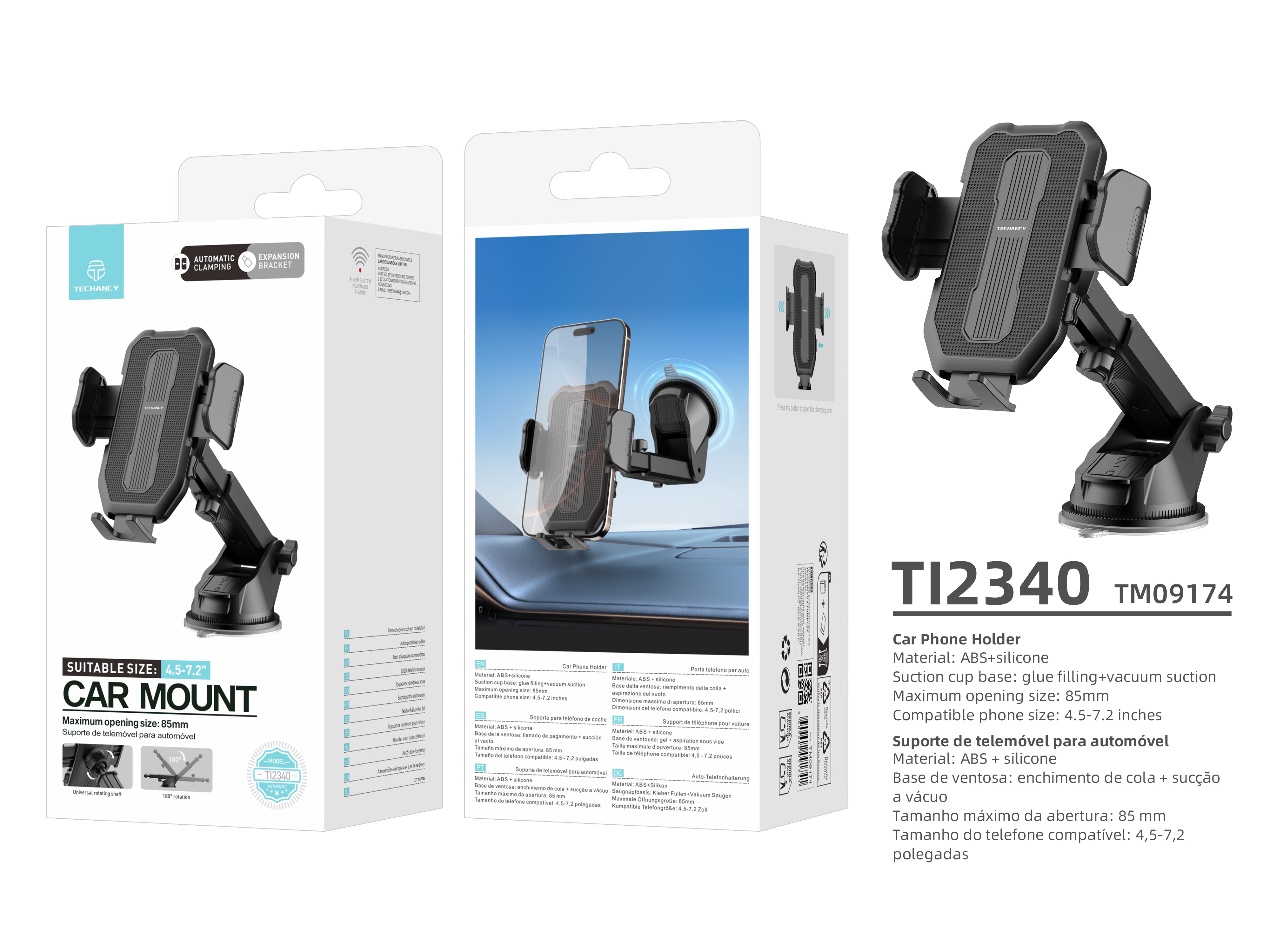 Techancy suporte de telemovel para carro TI2340 Base de sucção Compativel com 4.5-7.2 pol Preto