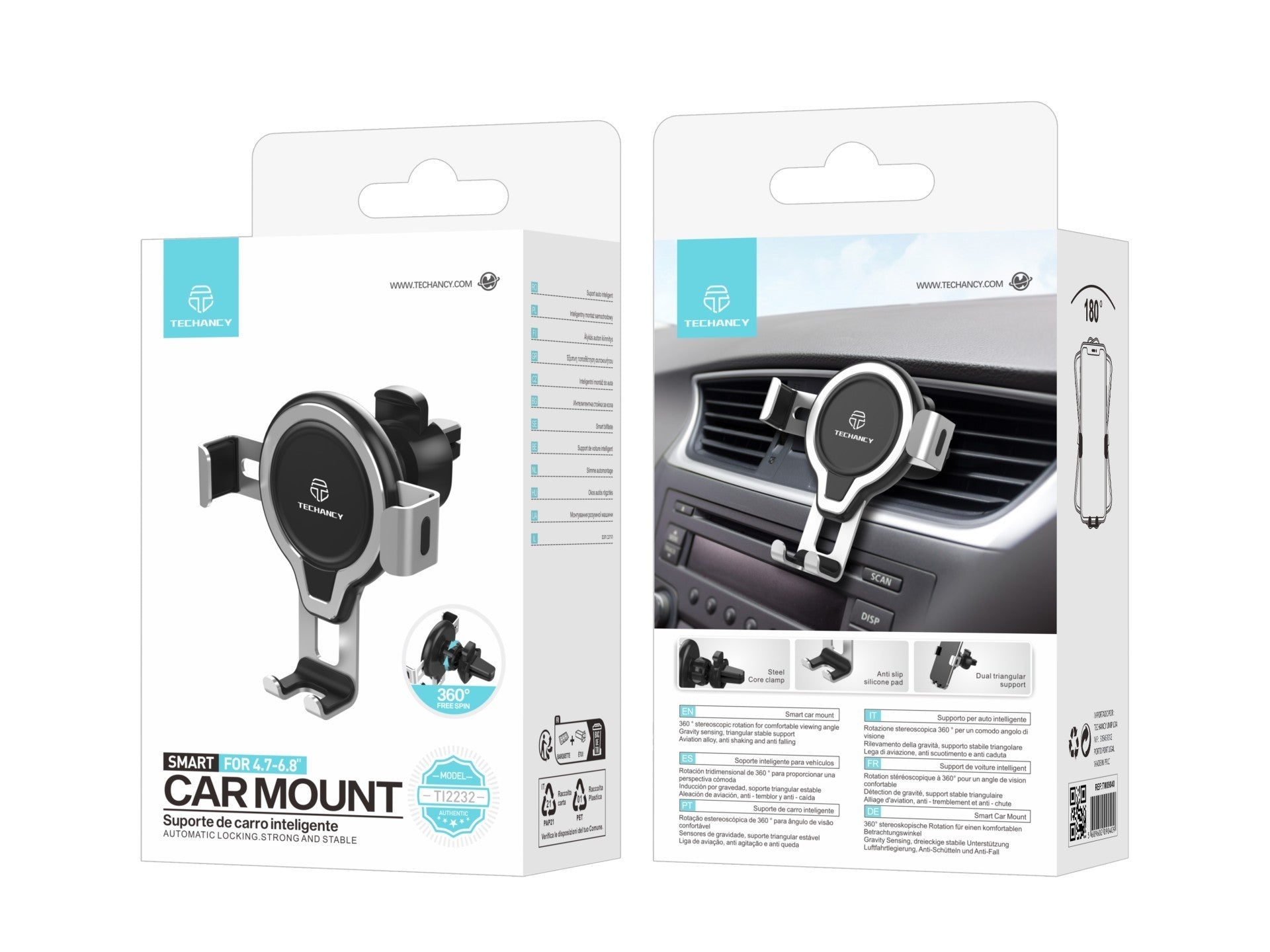 Techancy Suporte de Carro TI2232  , Rotação 360°, Suporte Estável, Compatível com Telemóveis 4.7-6.8