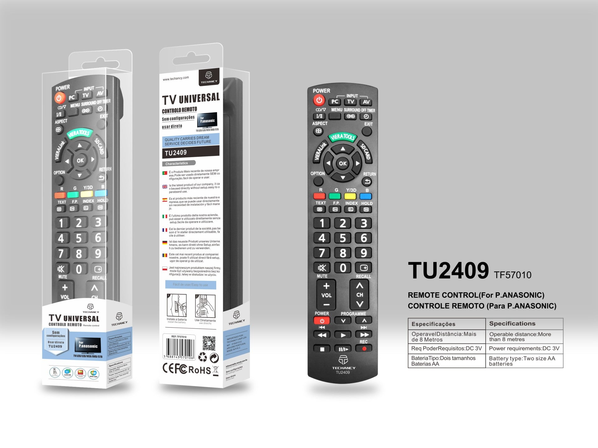 Techancy TV Wireless Remote Control, TU2409, No Setup Required Remote Control for Panasonic TVs, Black