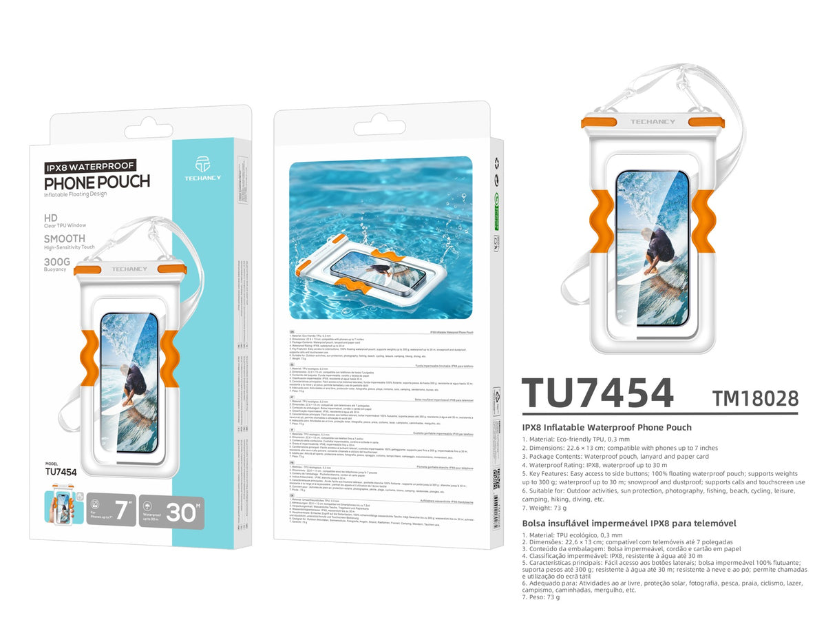Bolsa Impermeavel Insuflavel para Telemovel Techancy TU7454, 7 Polegadas, IPX8, Ate 30m, Flutuante, Ecra Tatil, Branco e Laranja