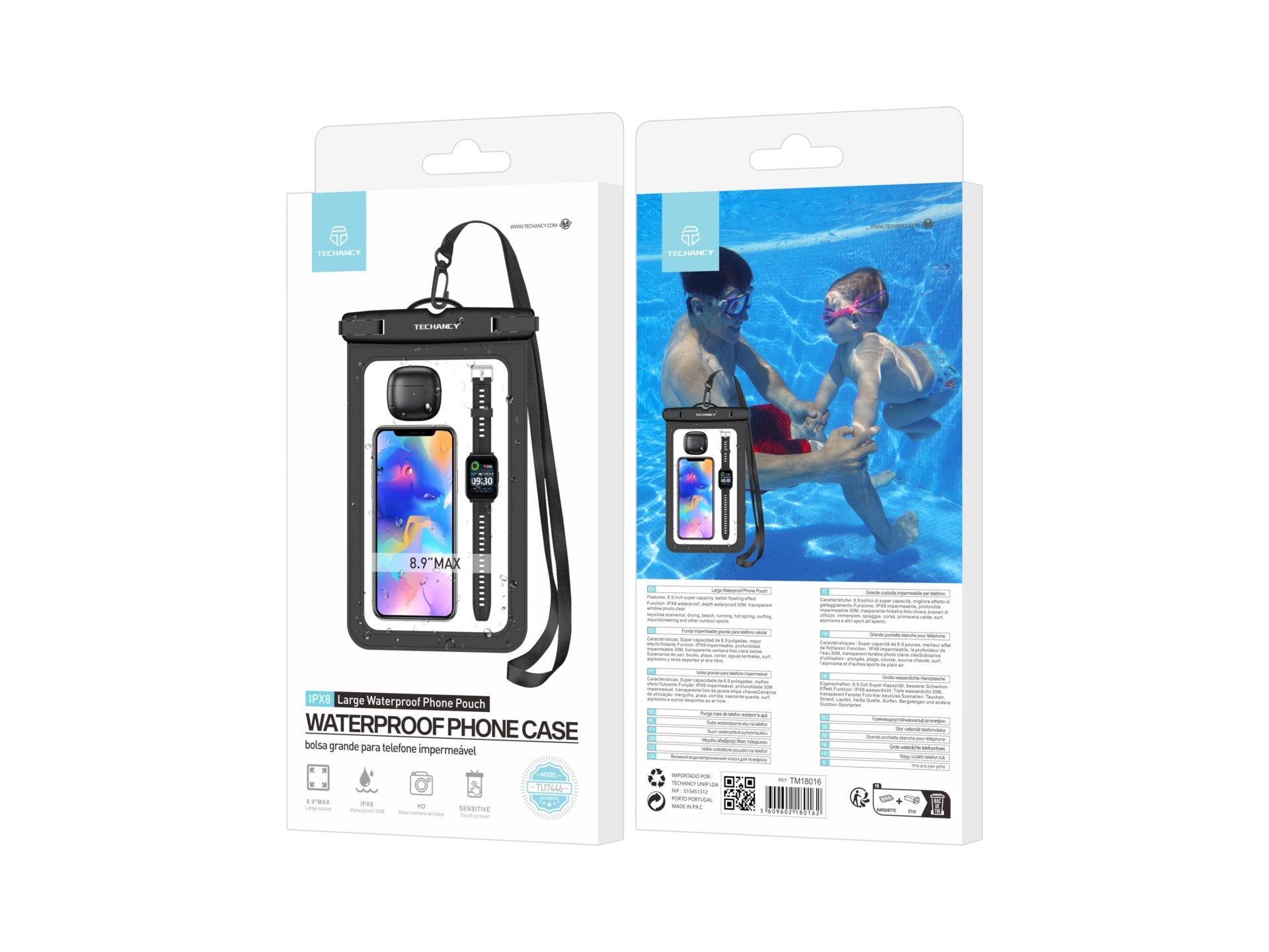 Techancy Bolsa Para Telemóvel À Prova De Água TU7446, 8,9”, Grande Capacidade, Compatível Com Mais Dispositivos, Preto