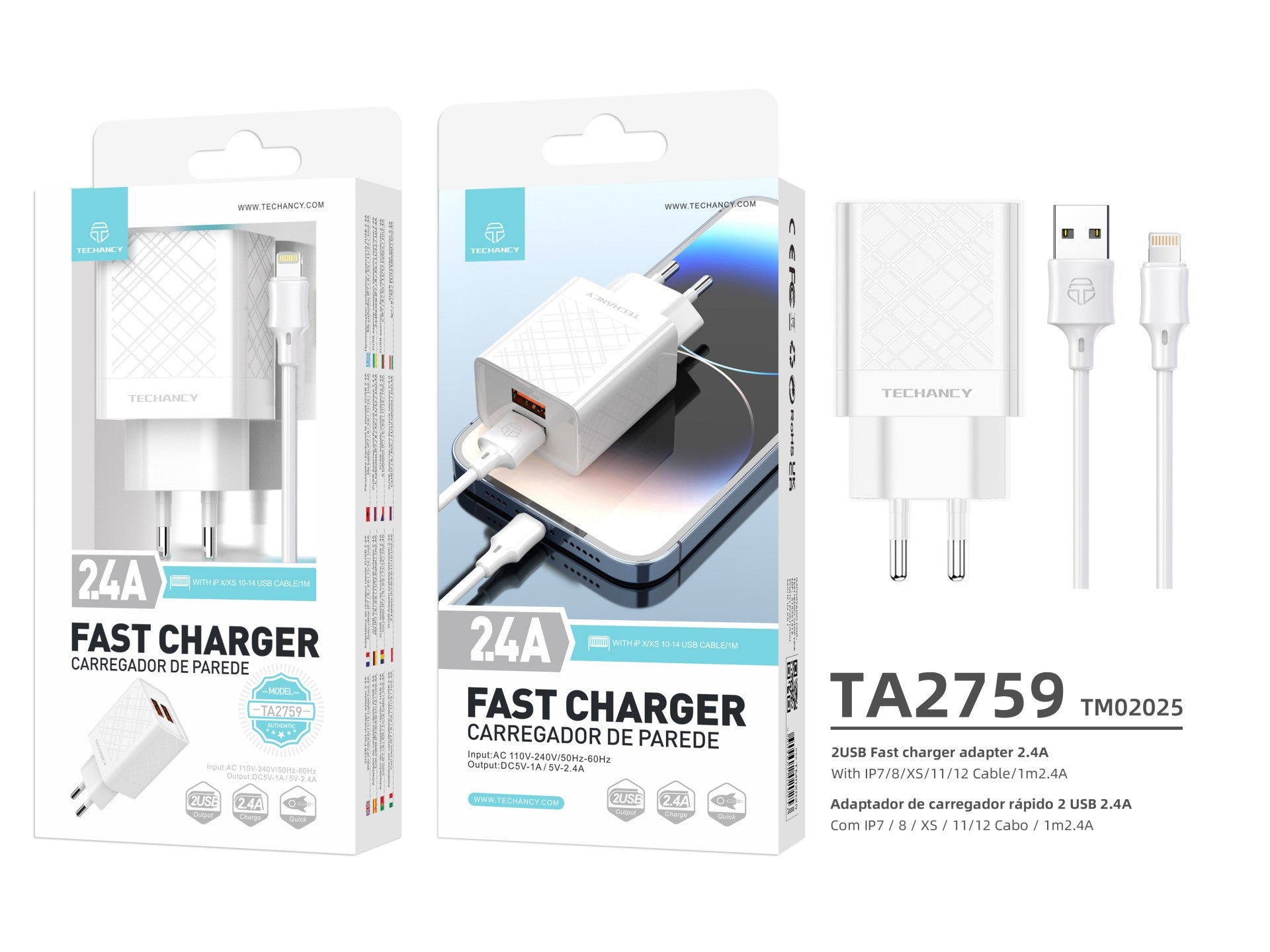 Techancy Carregador Usb 2.4A Branco  TA2759, Kit De Cabos Ip7/X/11-14, 1m 2.4A, Chip Inteligente Incorporado.