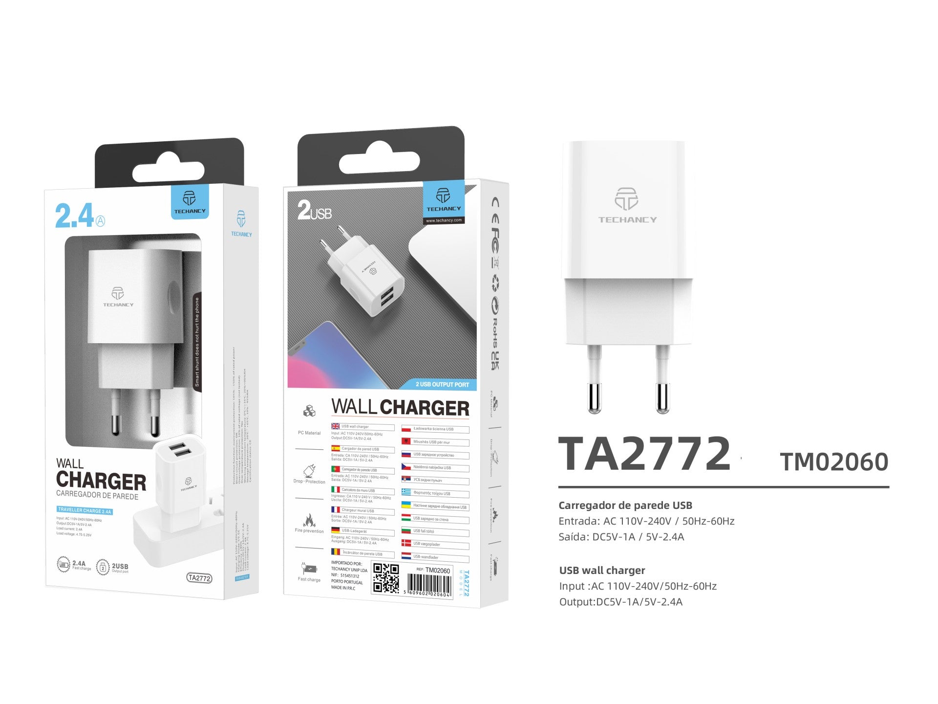 Techancy Carregador De Parede Usb Branco TA2772, Carregamento 5V-2.4A 2usb Compatível Com Diferentes Necessidades De Dispositivos