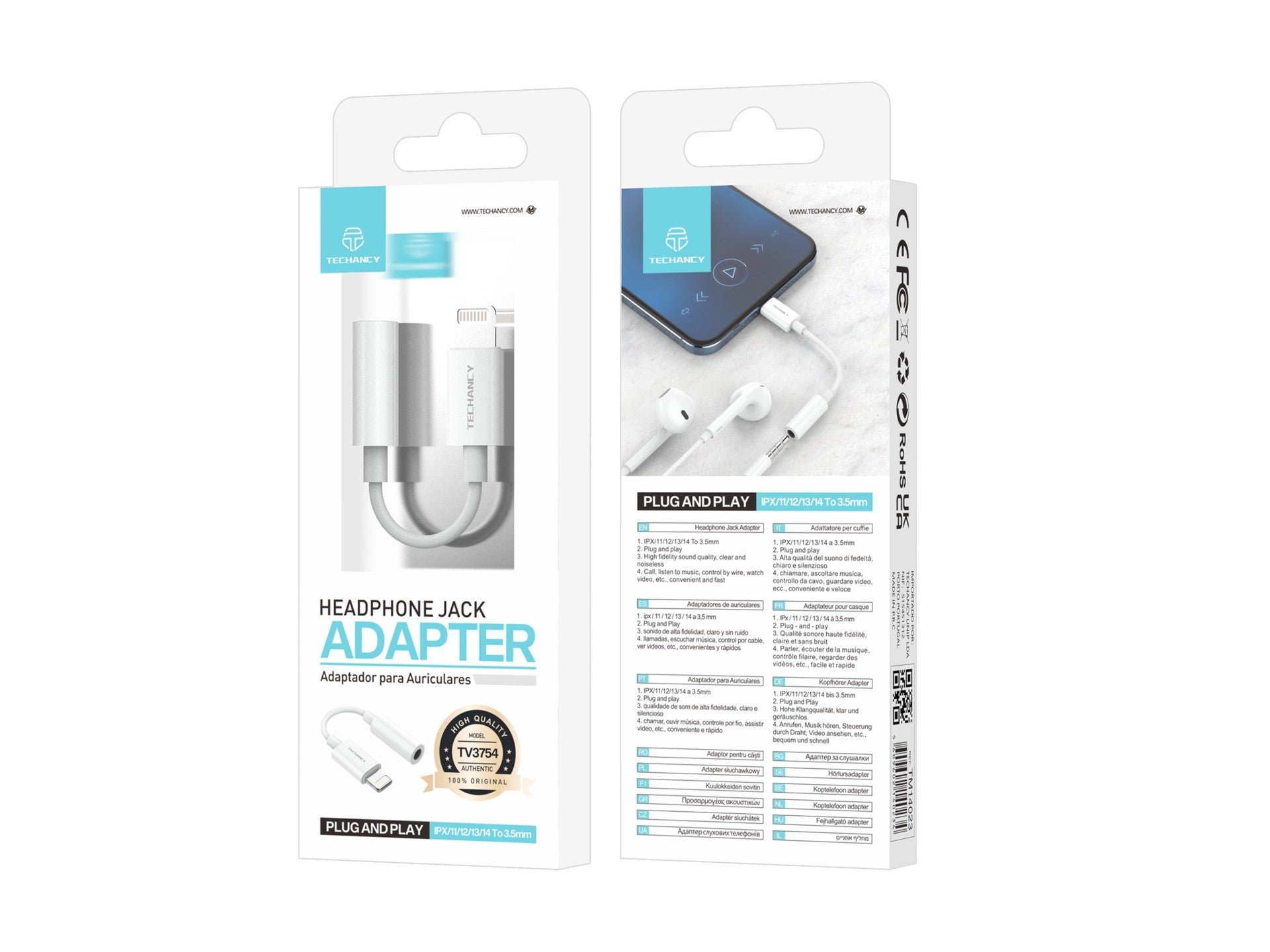 Convertidor de audio Techancy TV3754, Plug and Play, compatible con IP8/X/11-/14, auriculares estéreo de 3,5 mm.