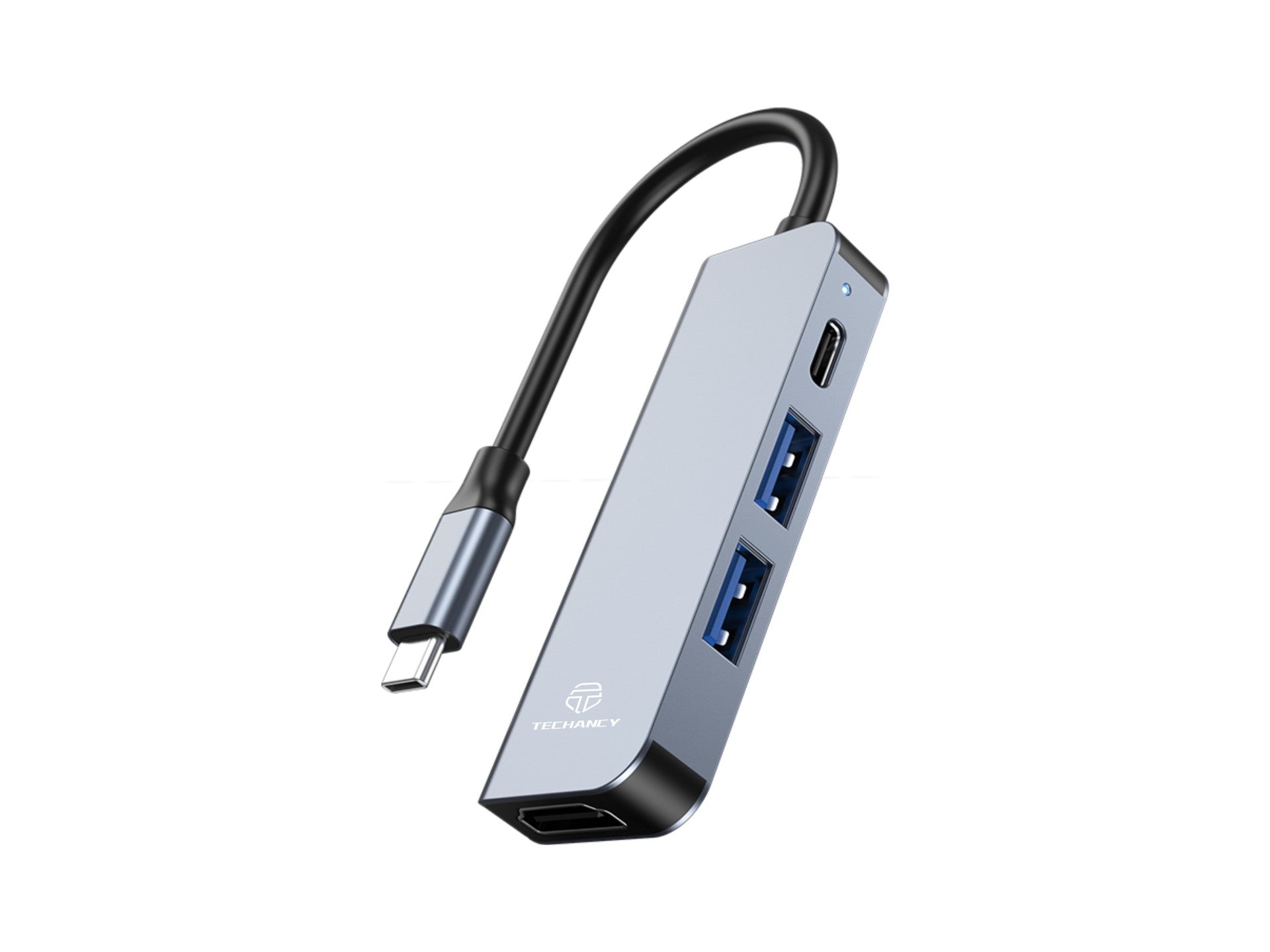 Hub USB-C 4 en 1 Techancy KT2908 con HDTV, PD, USB 3.0 y USB 2.0, compatible con PC y teléfonos móviles, color gris.