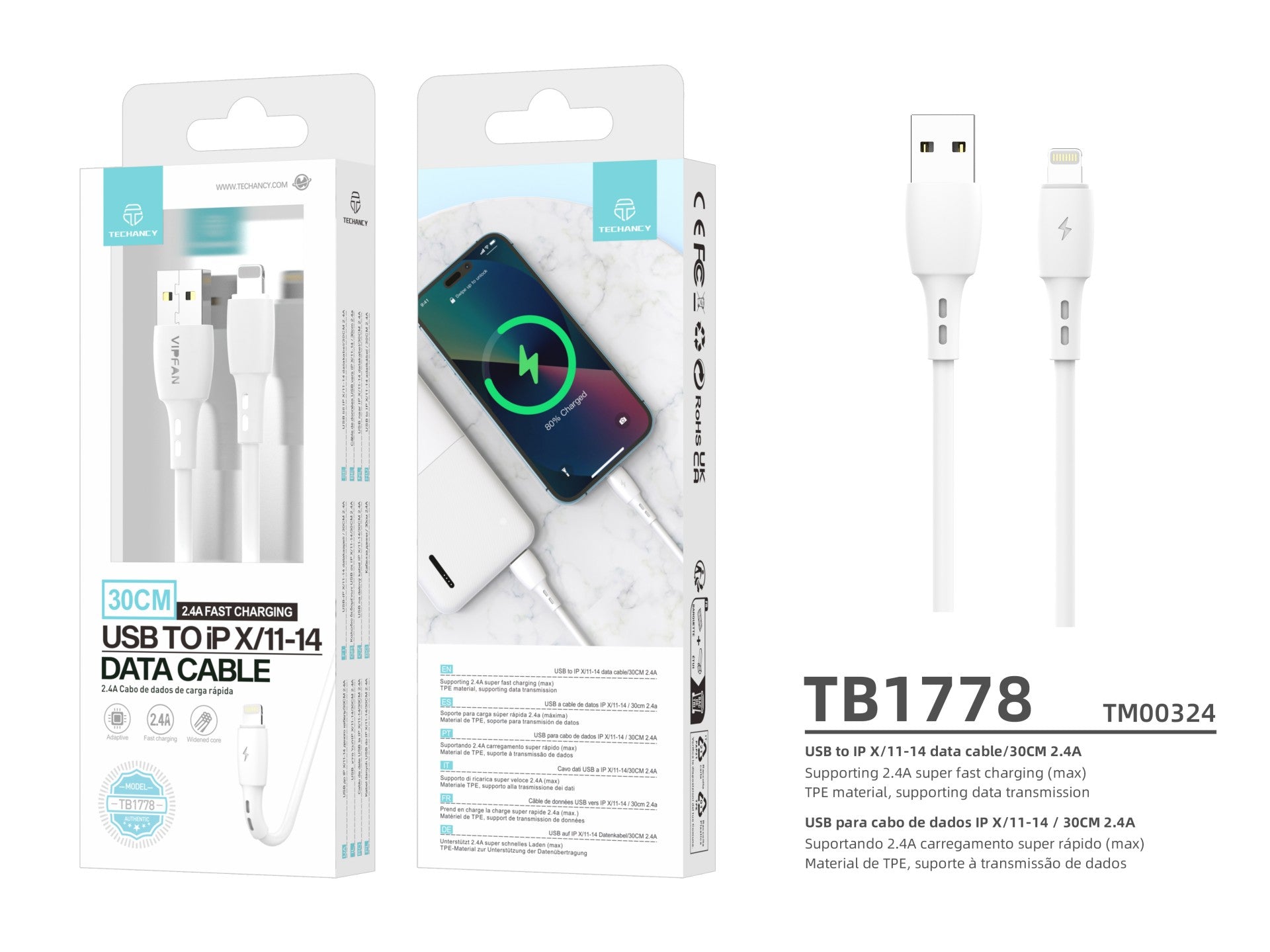 Techancy Cabo De Dados Usb-Lightning Branco TB1778, Carregamento 2,4A, 30cm Adequado Para Utilização Com Power Bank