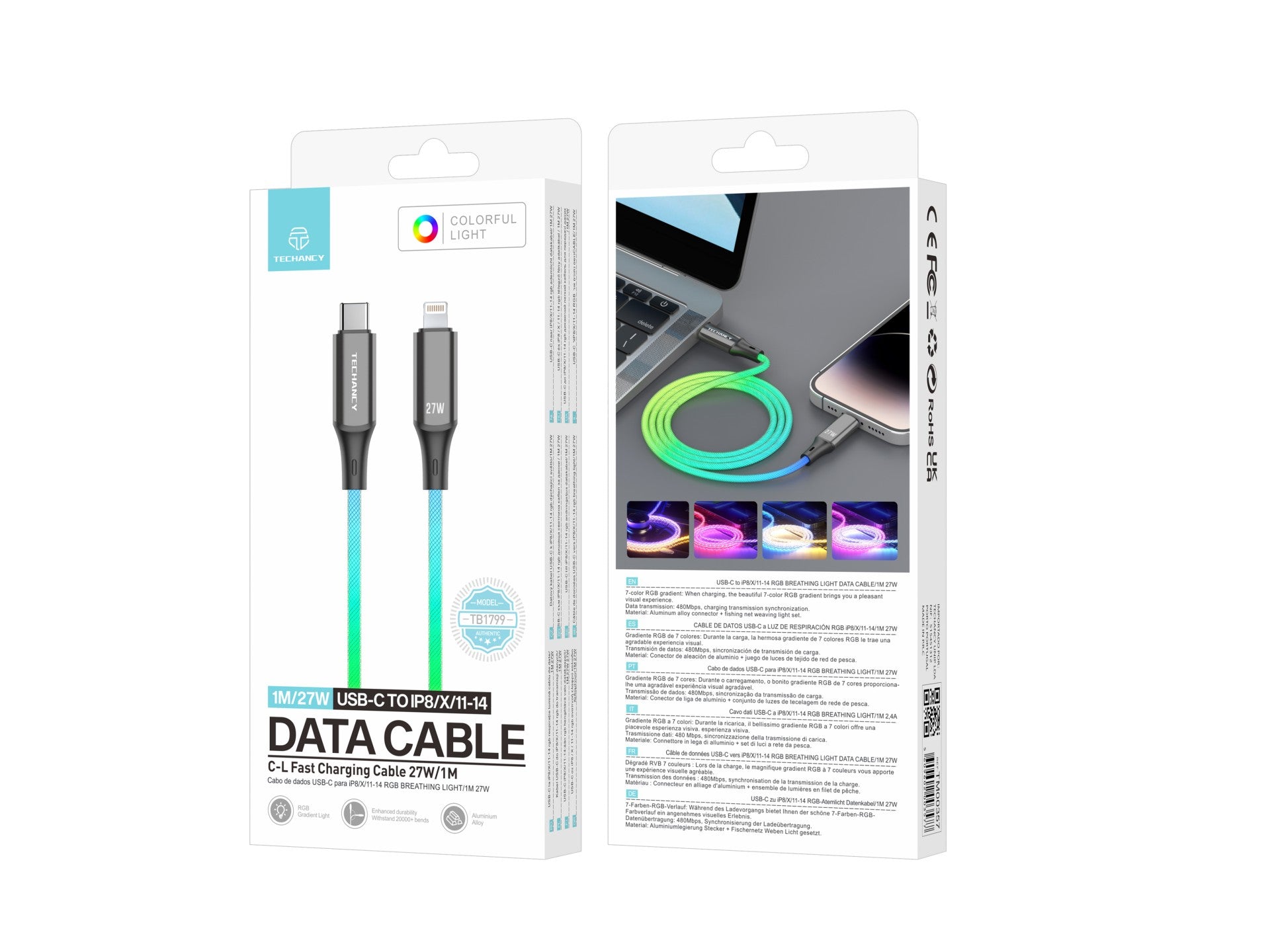 Techancy Cabo De Dados De 1m TB1799, Usb-C Para Ip11-14, Efeitos De Iluminação Rgb, Carregamento Rápido De 27w.