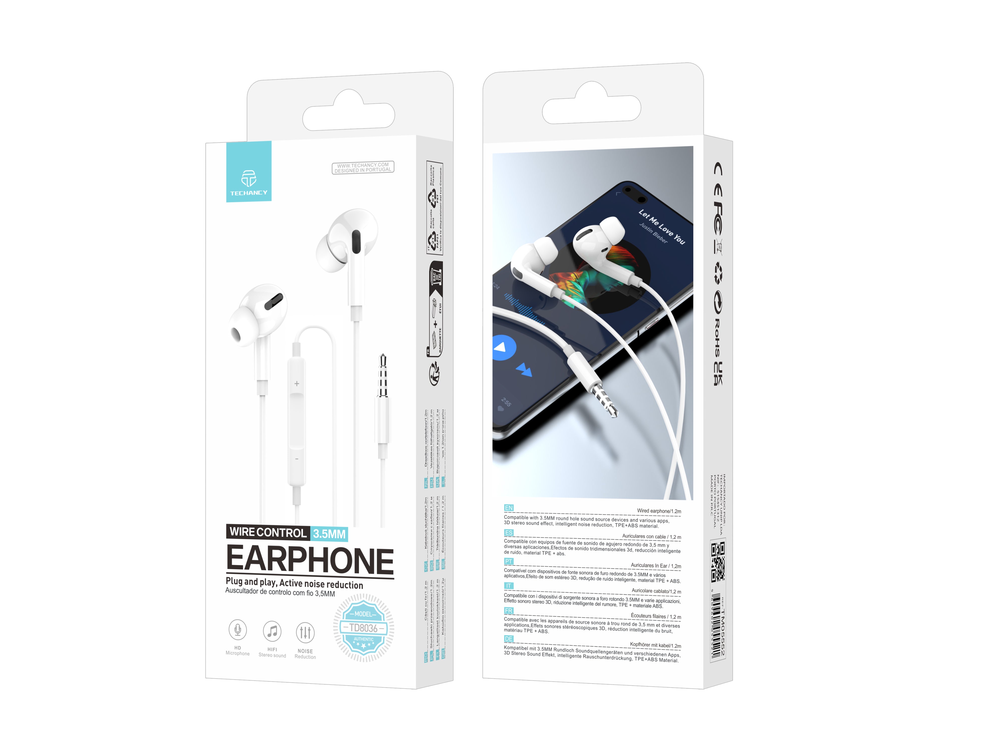 Techancy Auricular Com Fios Branco TD8036 , Microfone Integrado, 3,5 Mm, Compatível Com Smartphones E Tablets